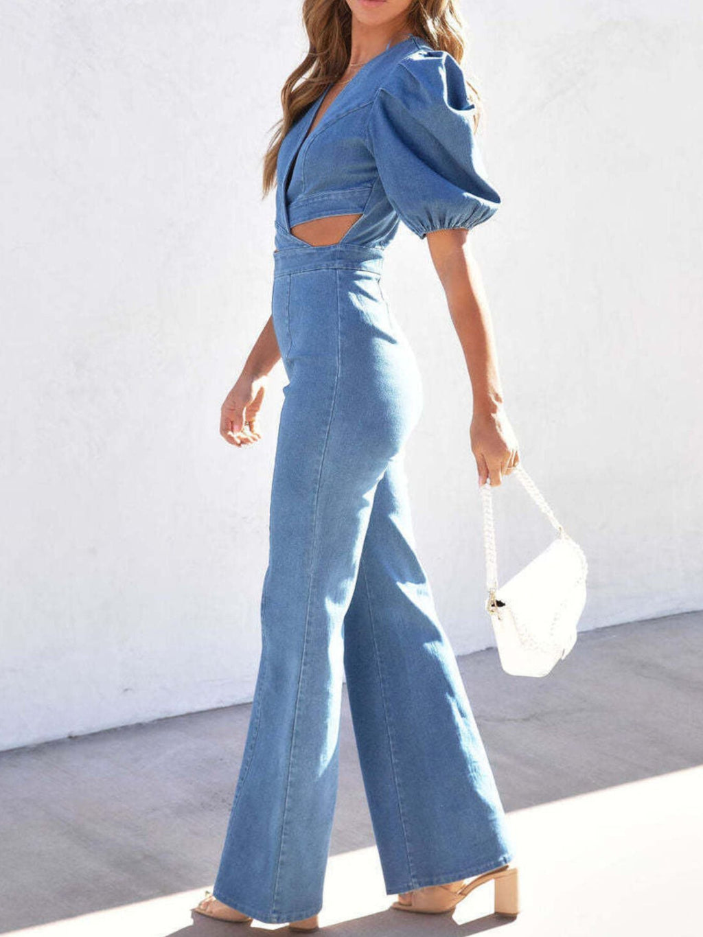 Cutout Puff Sleeve Denim Jumpsuit