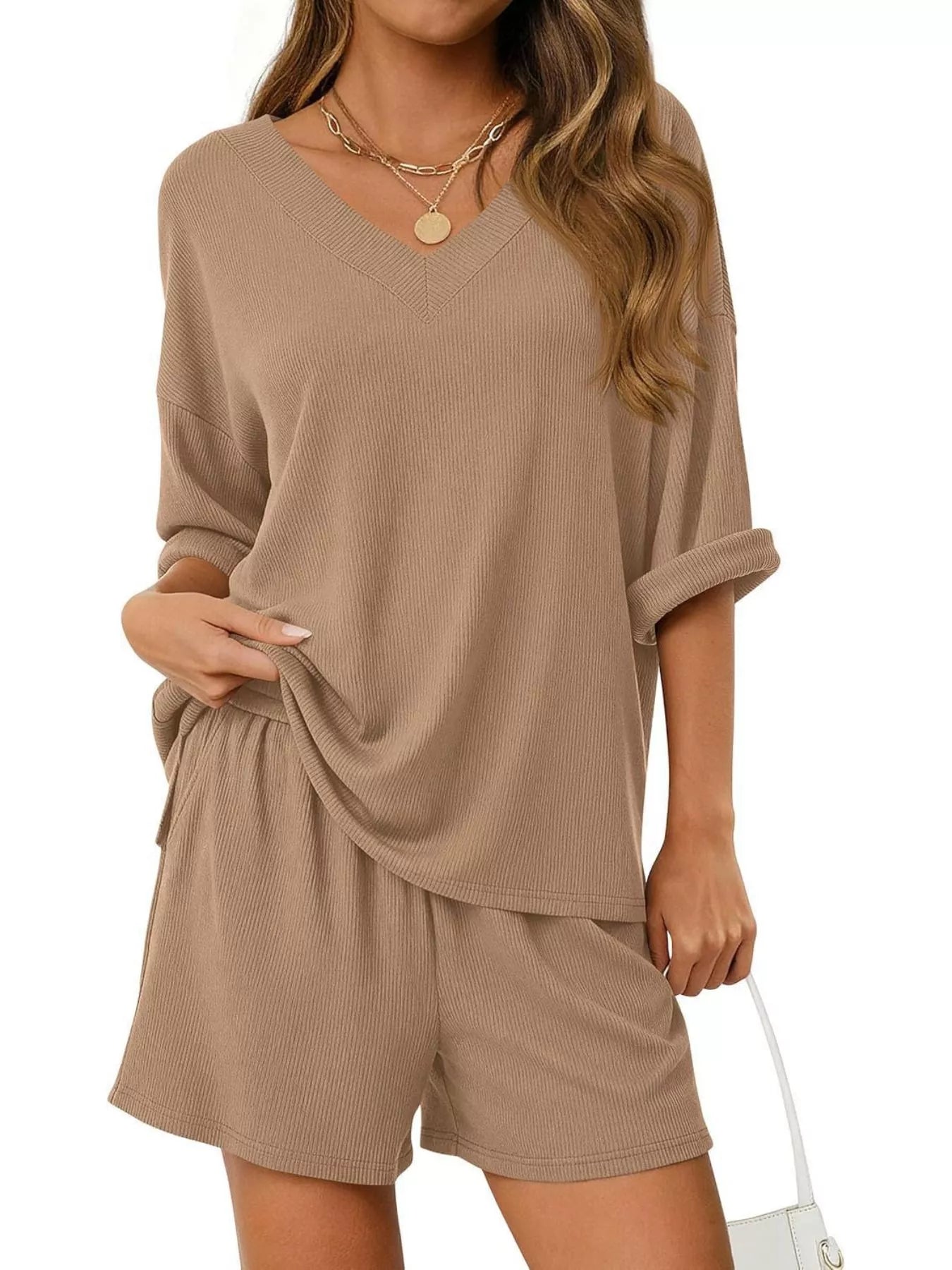 Casual Solid Color V-Neck Top & Shorts Set