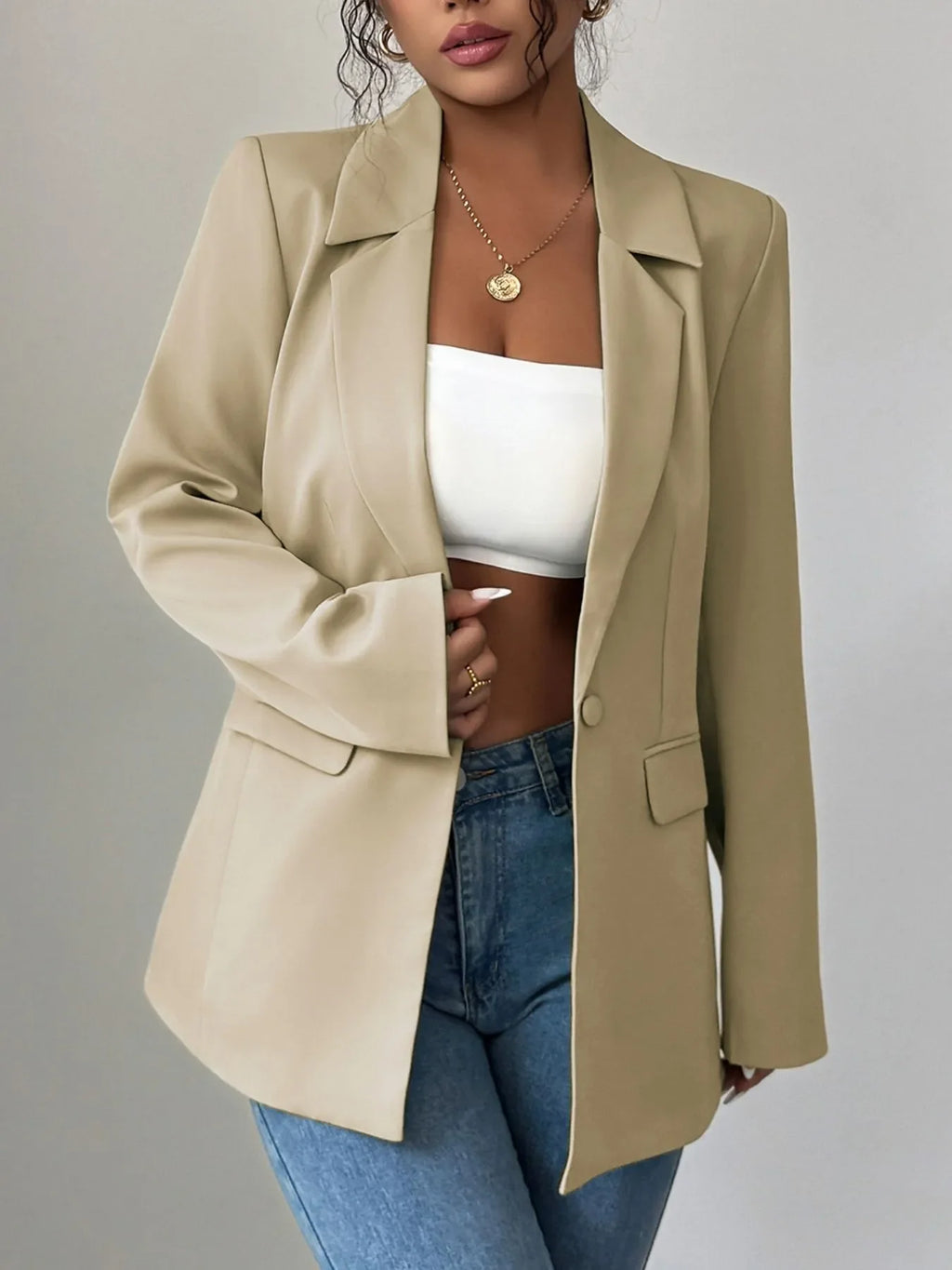 One Button Lapel Collar Blazer