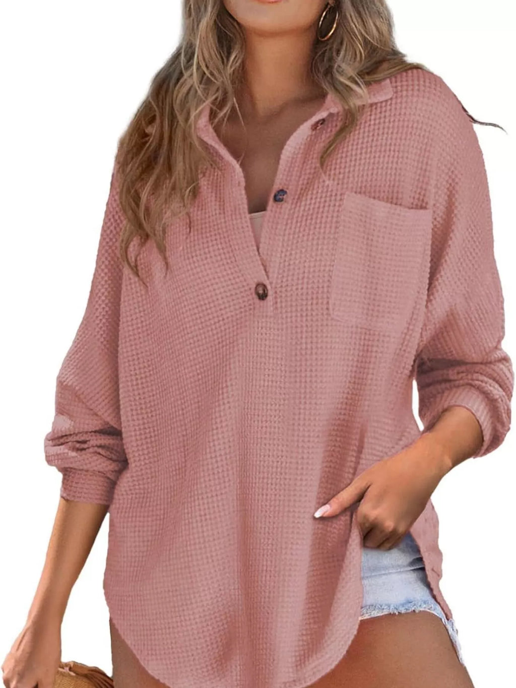 Waffle Knit Button Detail T-Shirt with Pocket