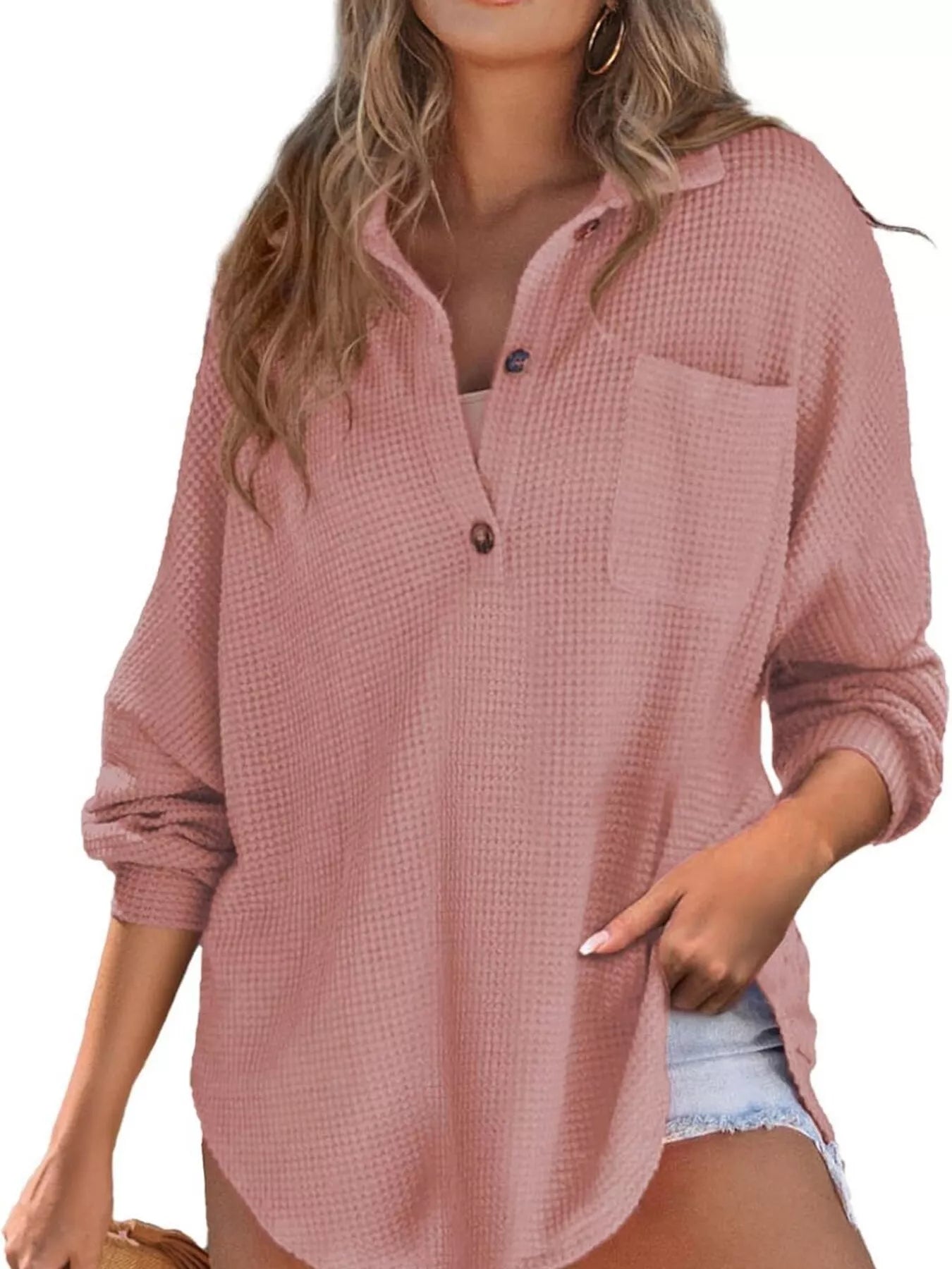 Waffle Knit Button Detail T-Shirt with Pocket