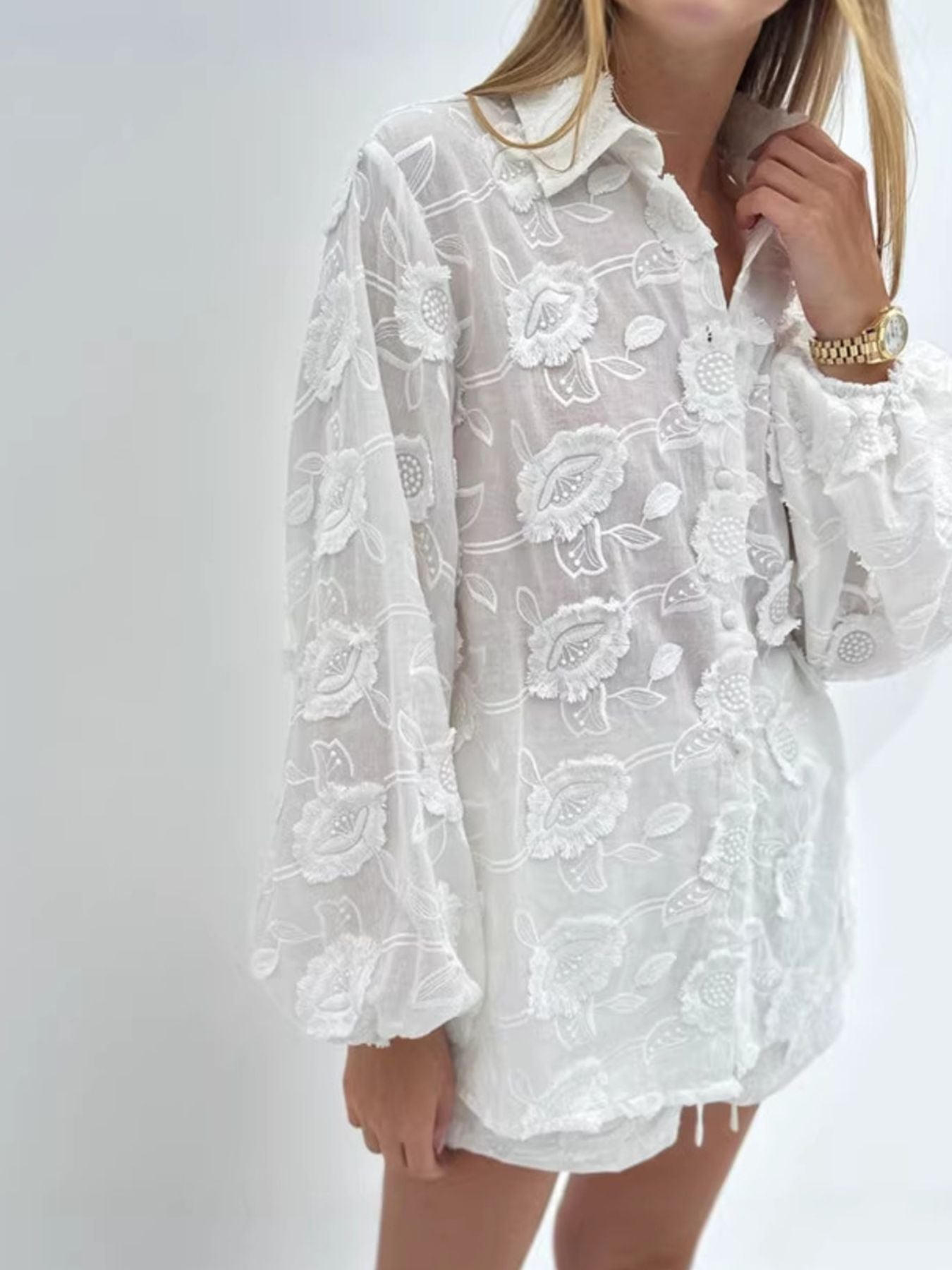Floral Embroidered Shirt and Shorts Set