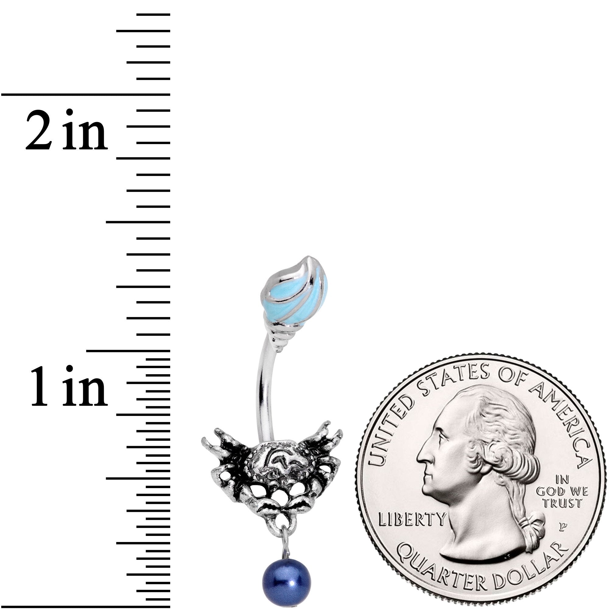 BodyCandy Blue Orbs Nautical Crab and Whelk Shell Dangle Belly Ring — detail and construction