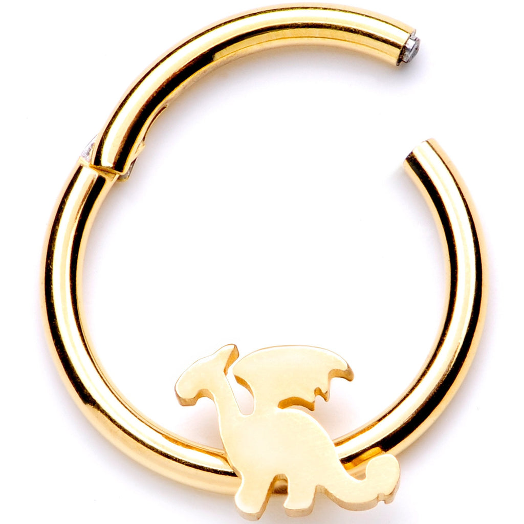 BodyCandy 16G 3/8 Gold Tone Fantasy Dragon Hinged Segment Ring — detail and construction