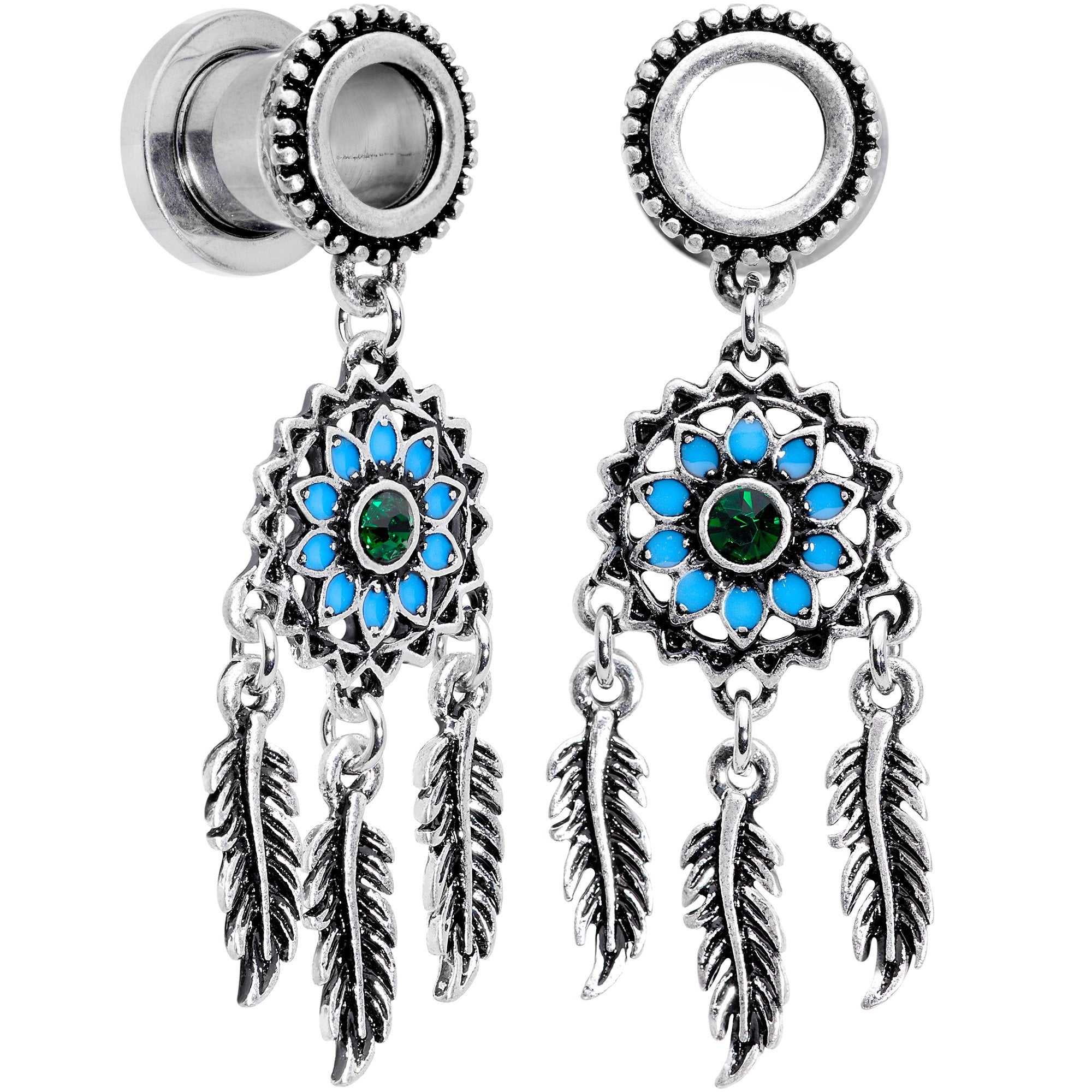 BodyCandy Green Gem Feather Dreamcatcher Screw Fit Tunnel Plug Set — packaging or label