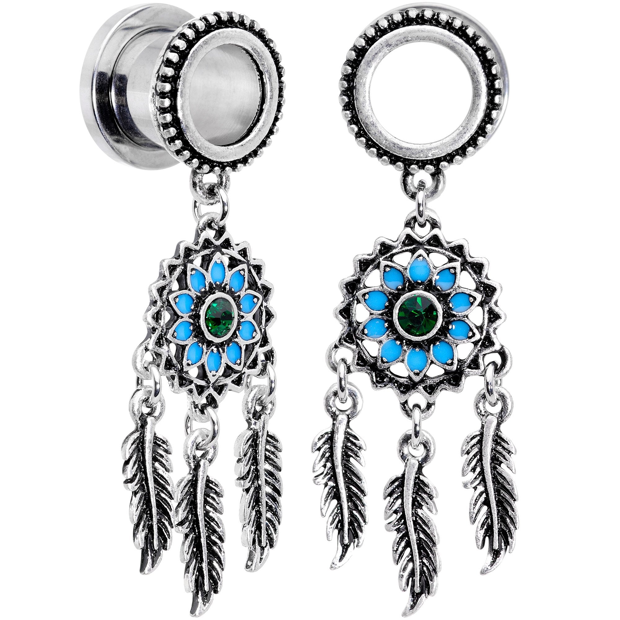 BodyCandy Green Gem Feather Dreamcatcher Screw Fit Tunnel Plug Set — scale reference