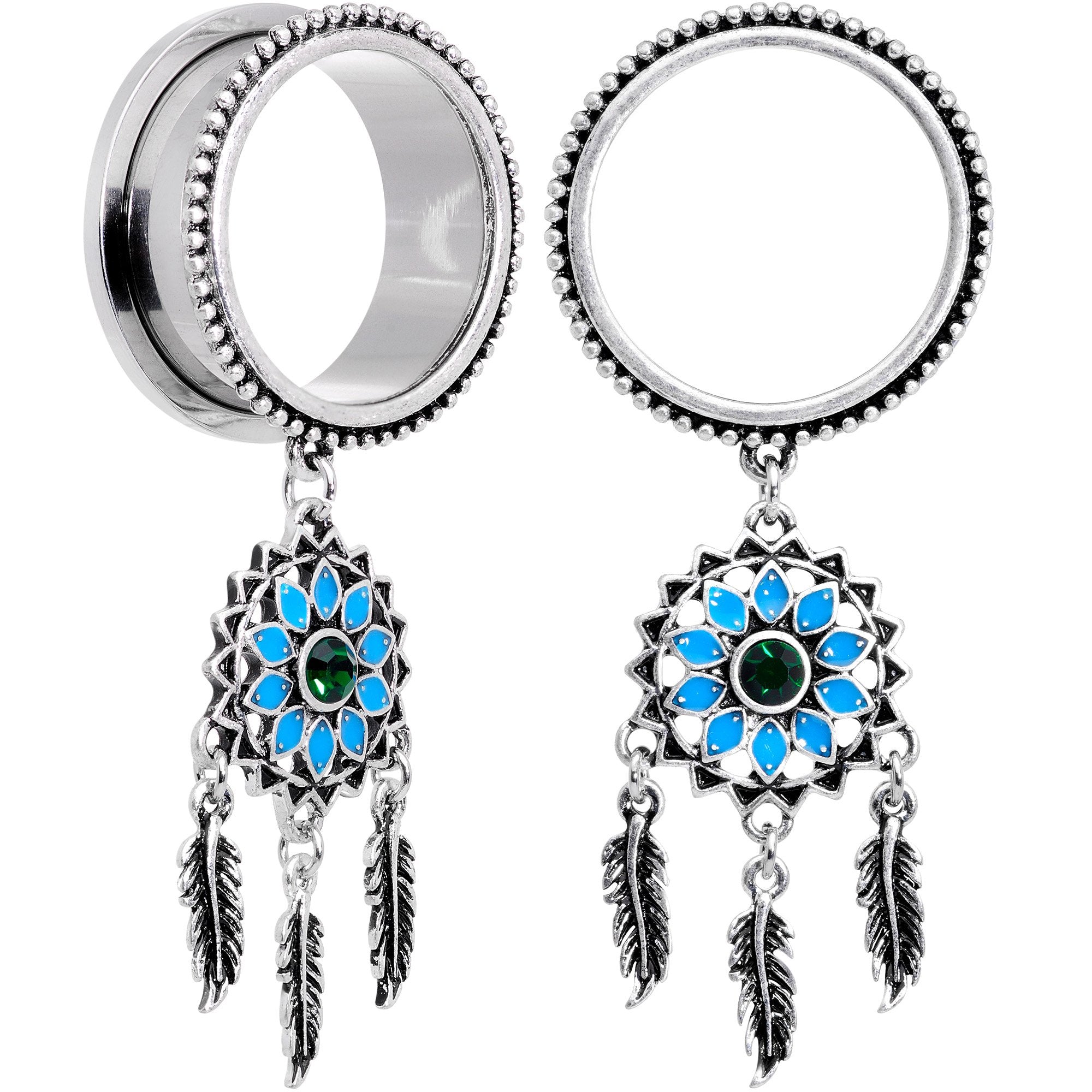 BodyCandy Green Gem Feather Dreamcatcher Screw Fit Tunnel Plug Set — color variant