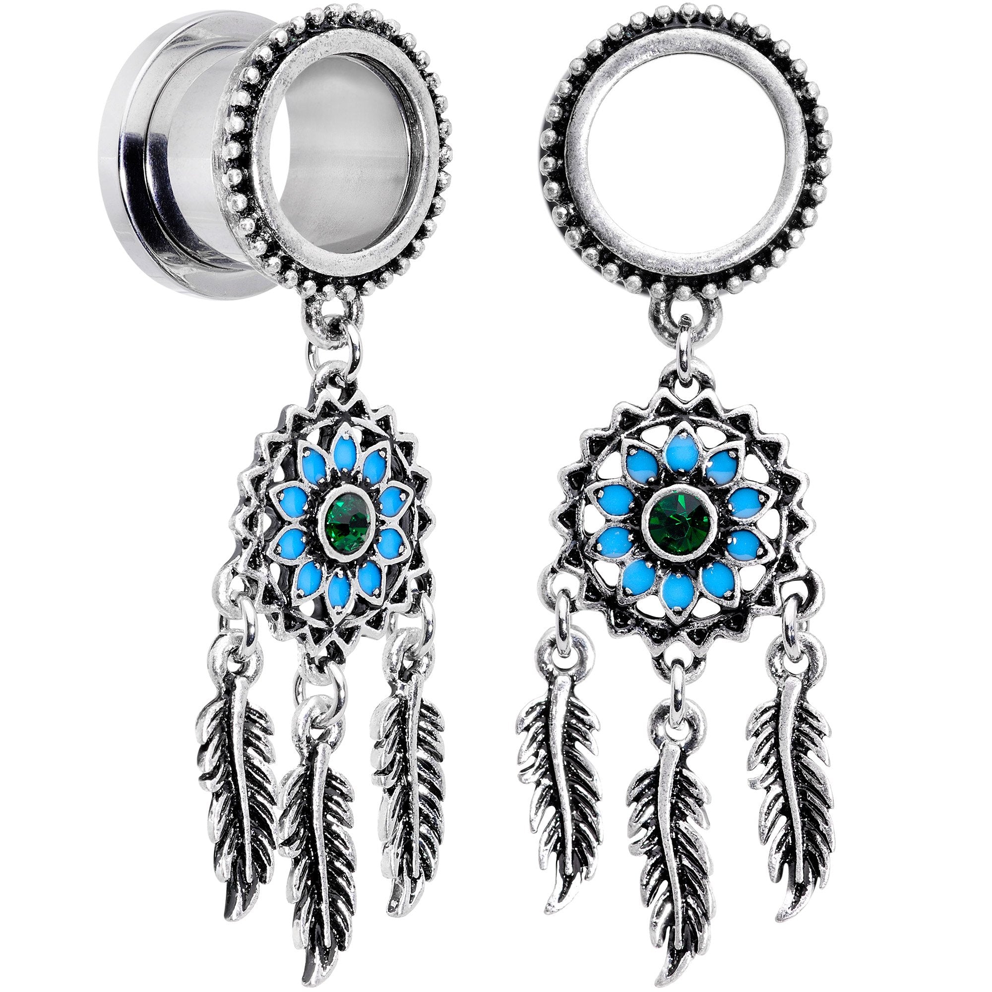 BodyCandy Green Gem Feather Dreamcatcher Screw Fit Tunnel Plug Set — texture detail