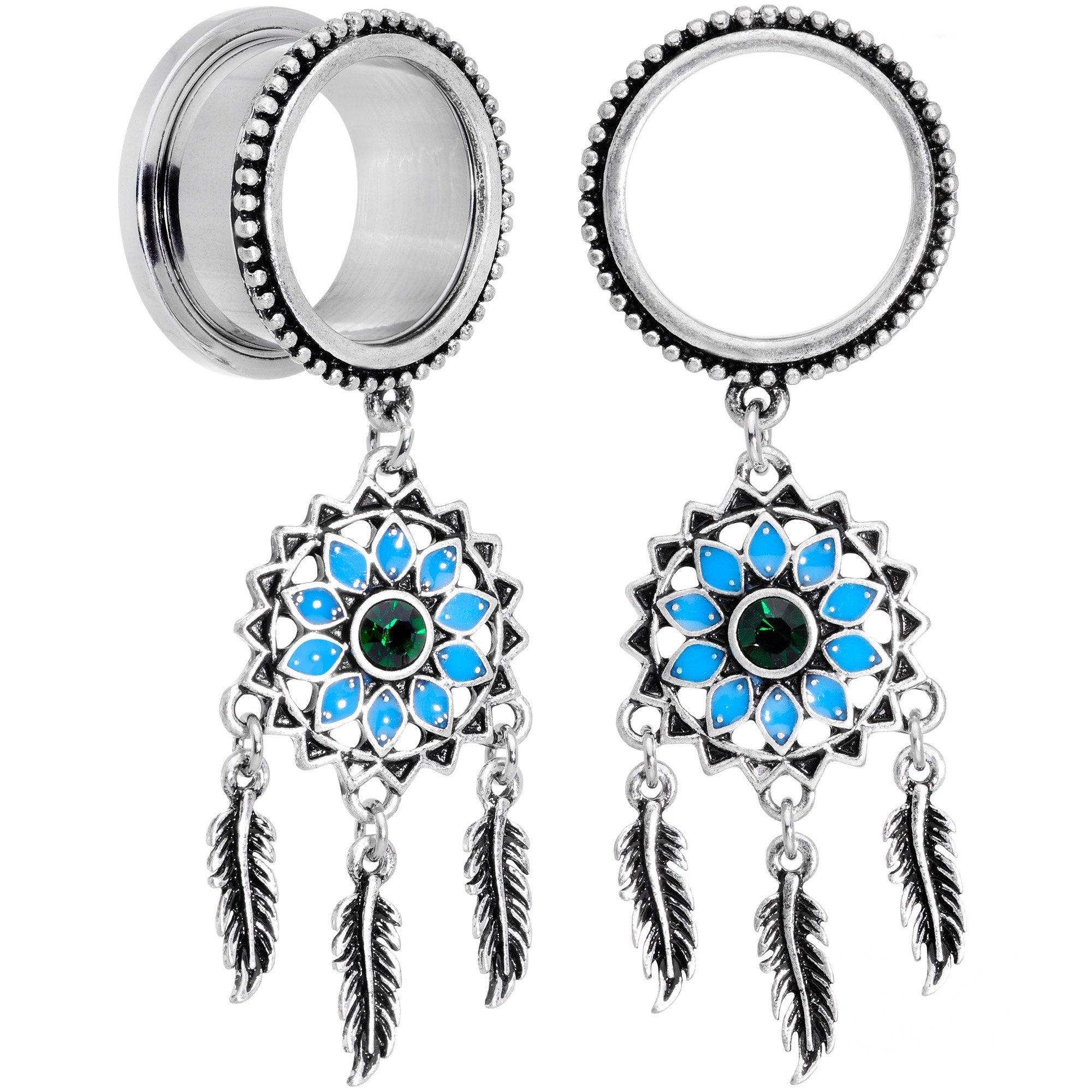 BodyCandy Green Gem Feather Dreamcatcher Screw Fit Tunnel Plug Set — in-use context
