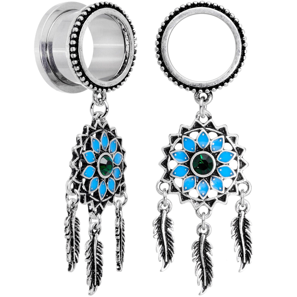 BodyCandy Green Gem Feather Dreamcatcher Screw Fit Tunnel Plug Set — main product shot