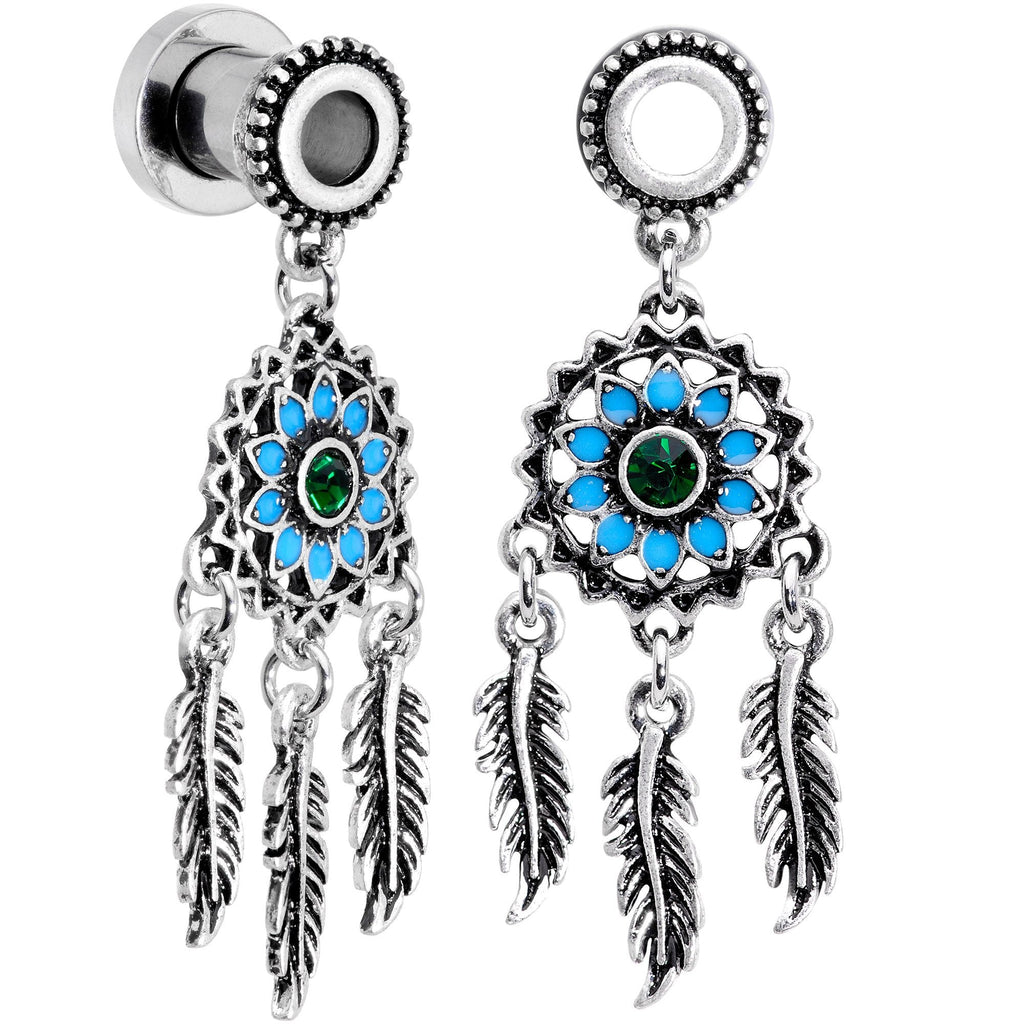 BodyCandy Green Gem Feather Dreamcatcher Screw Fit Tunnel Plug Set — detail and construction