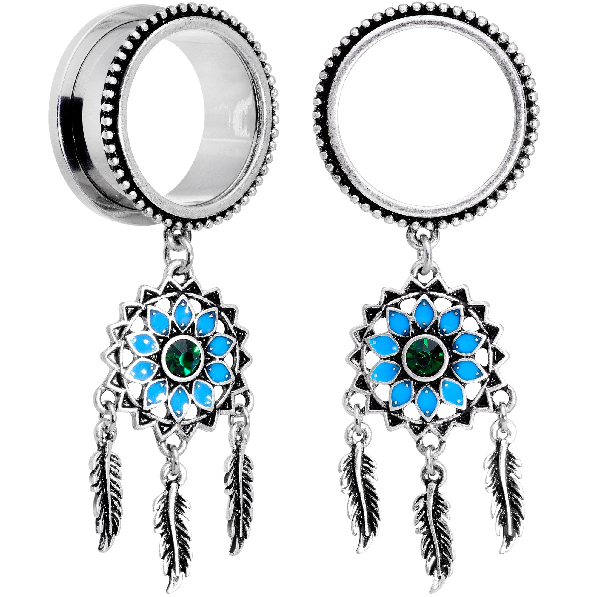 BodyCandy Green Gem Feather Dreamcatcher Screw Fit Tunnel Plug Set — lifestyle context