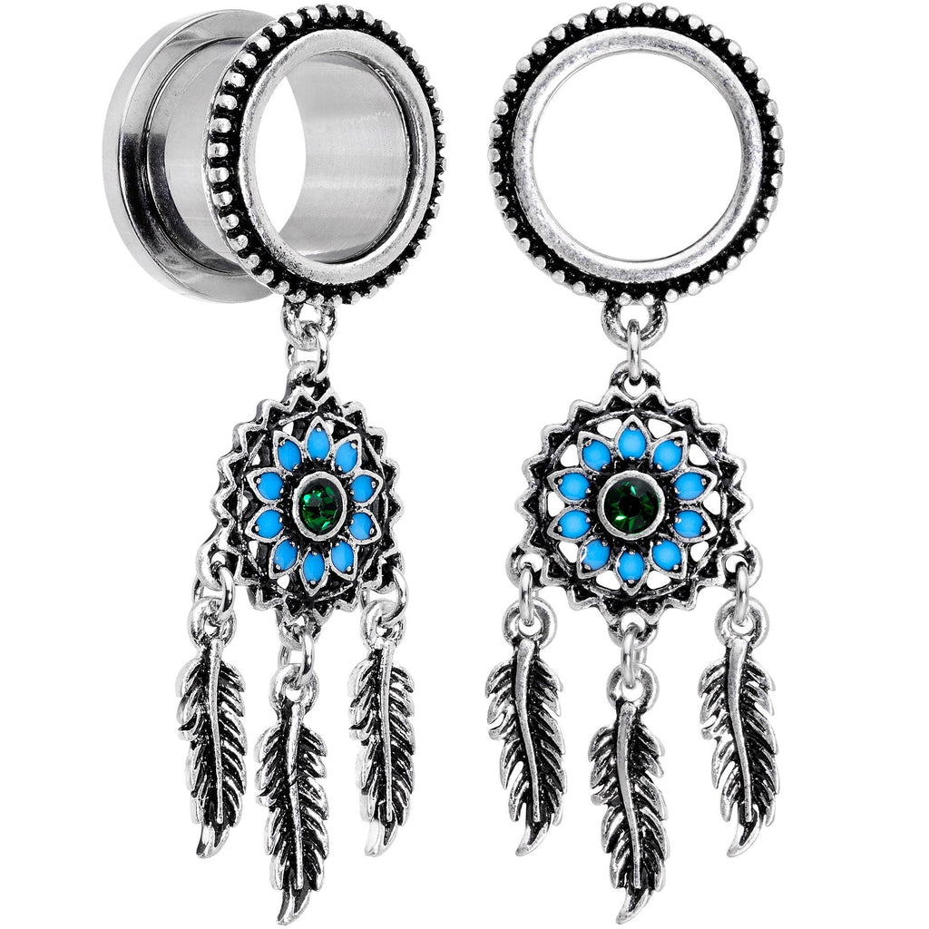 BodyCandy Green Gem Feather Dreamcatcher Screw Fit Tunnel Plug Set — branding close-up