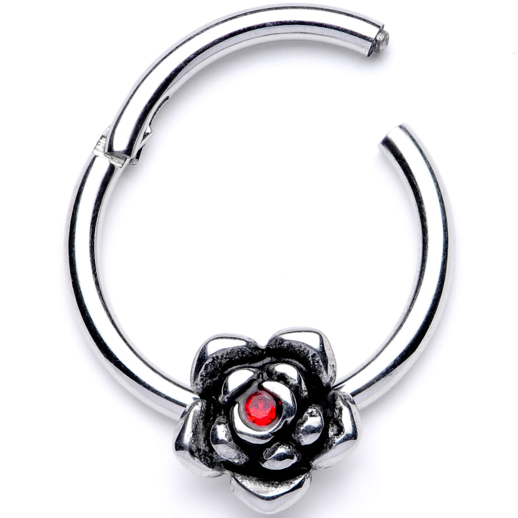 BodyCandy 16G 3/8 Red Gem Tiny Flower Hinged Segment Ring — detail and construction