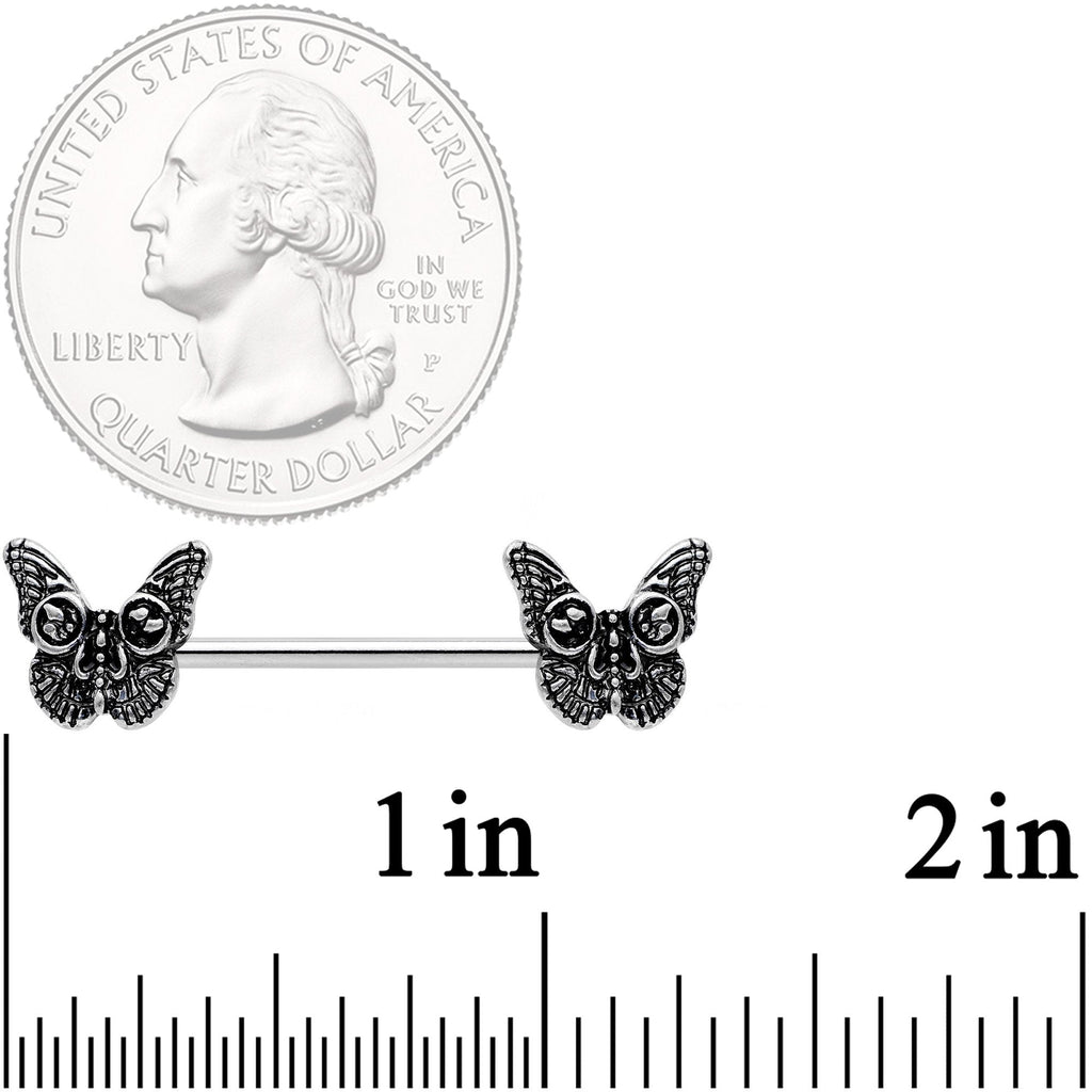 BodyCandy 14G 9/16 Death Head Butterfly Barbell Nipple Ring Set — detail and construction