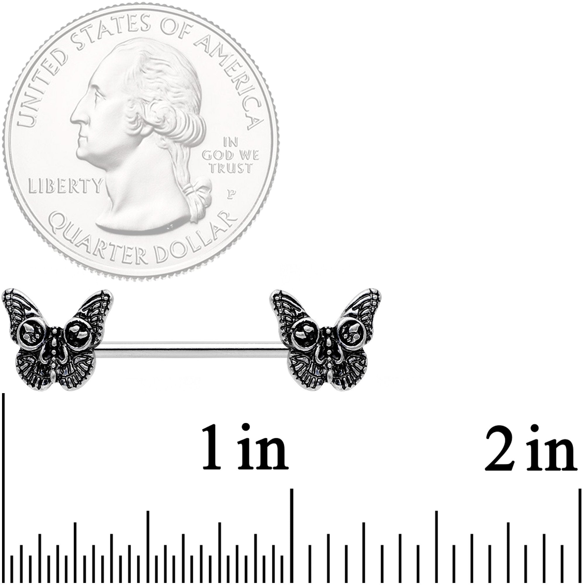 BodyCandy 14G 9/16 Death Head Butterfly Barbell Nipple Ring Set — detail and construction