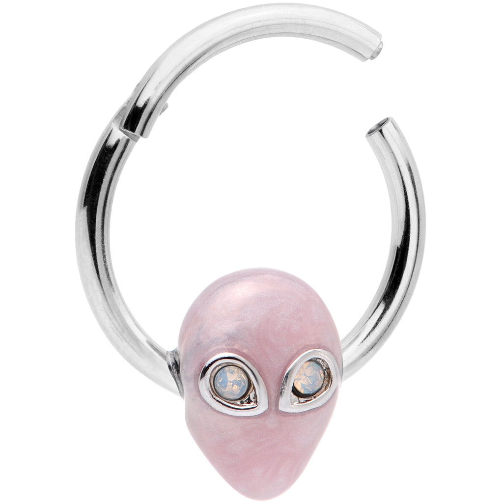 BodyCandy 16G 3/8 White Faux Opal Pink Invader Alien Hinged Segment Ring — detail and construction