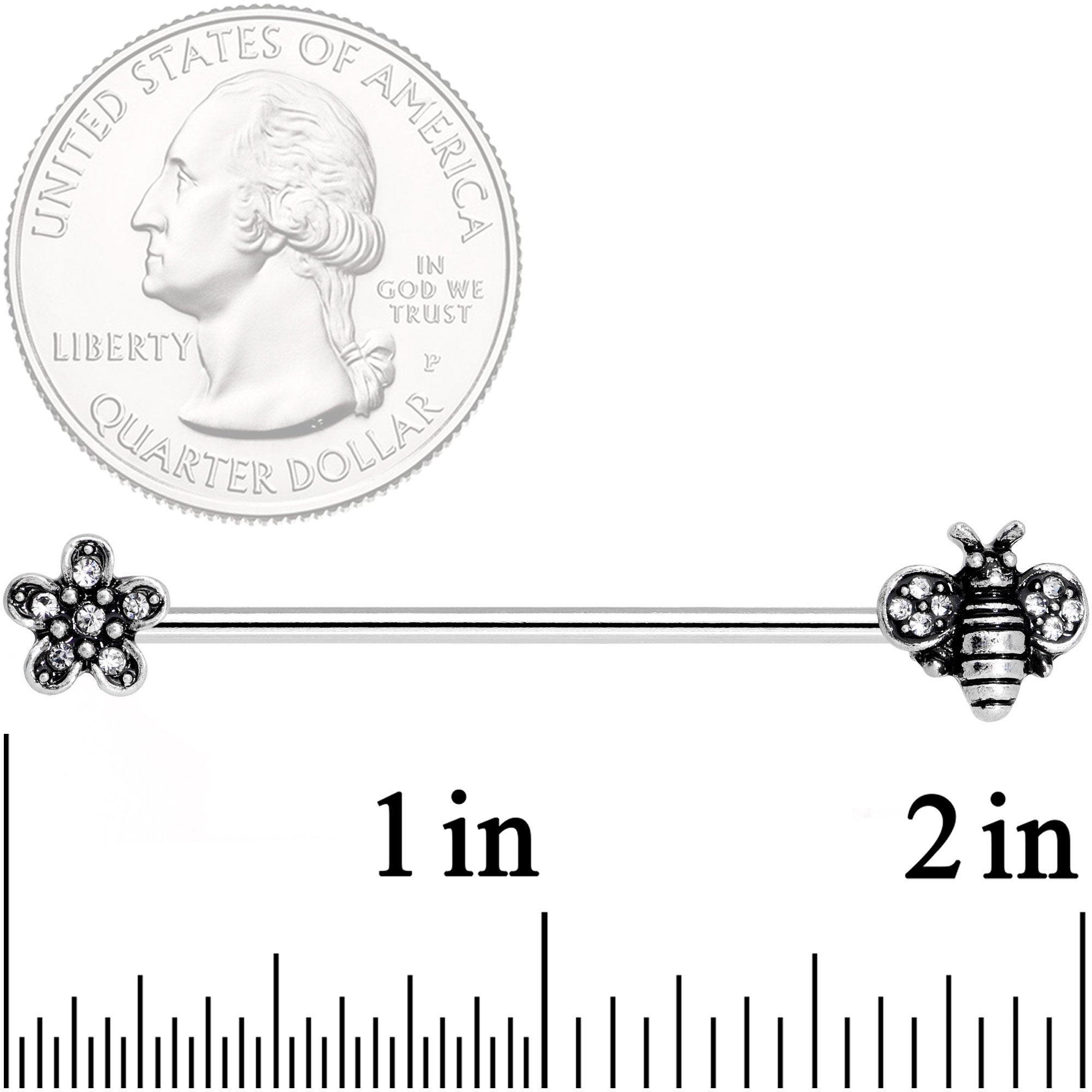 BodyCandy 14G Clear Gem Bee Flower Industrial Barbell 38mm — detail and construction