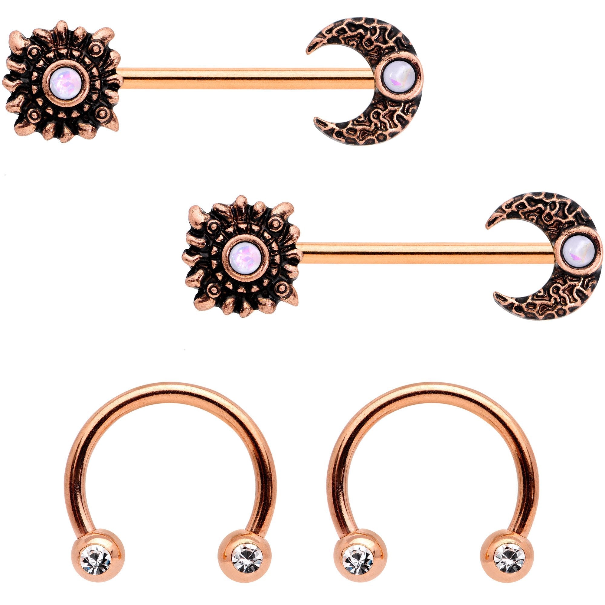 BodyCandy 14G White Faux Opal Rose Gold Tone Sun Moon Nipple Ring Set of 4 — main product shot