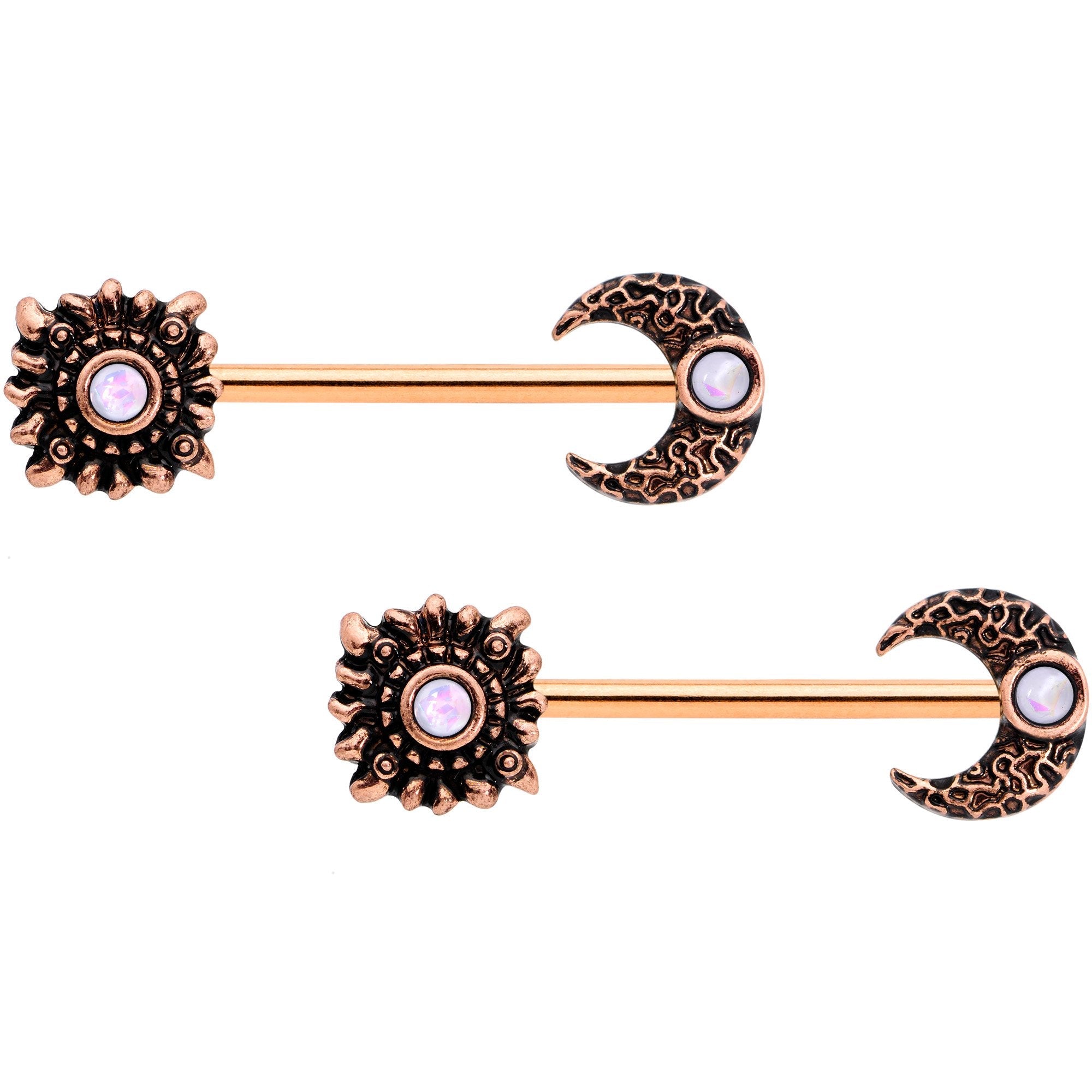 BodyCandy 14G White Faux Opal Rose Gold Tone Sun Moon Nipple Ring Set of 4 — detail and construction