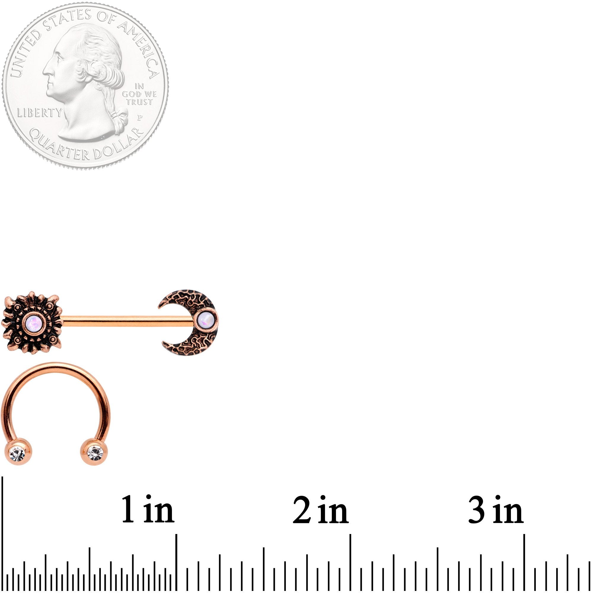 BodyCandy 14G White Faux Opal Rose Gold Tone Sun Moon Nipple Ring Set of 4 — branding close-up