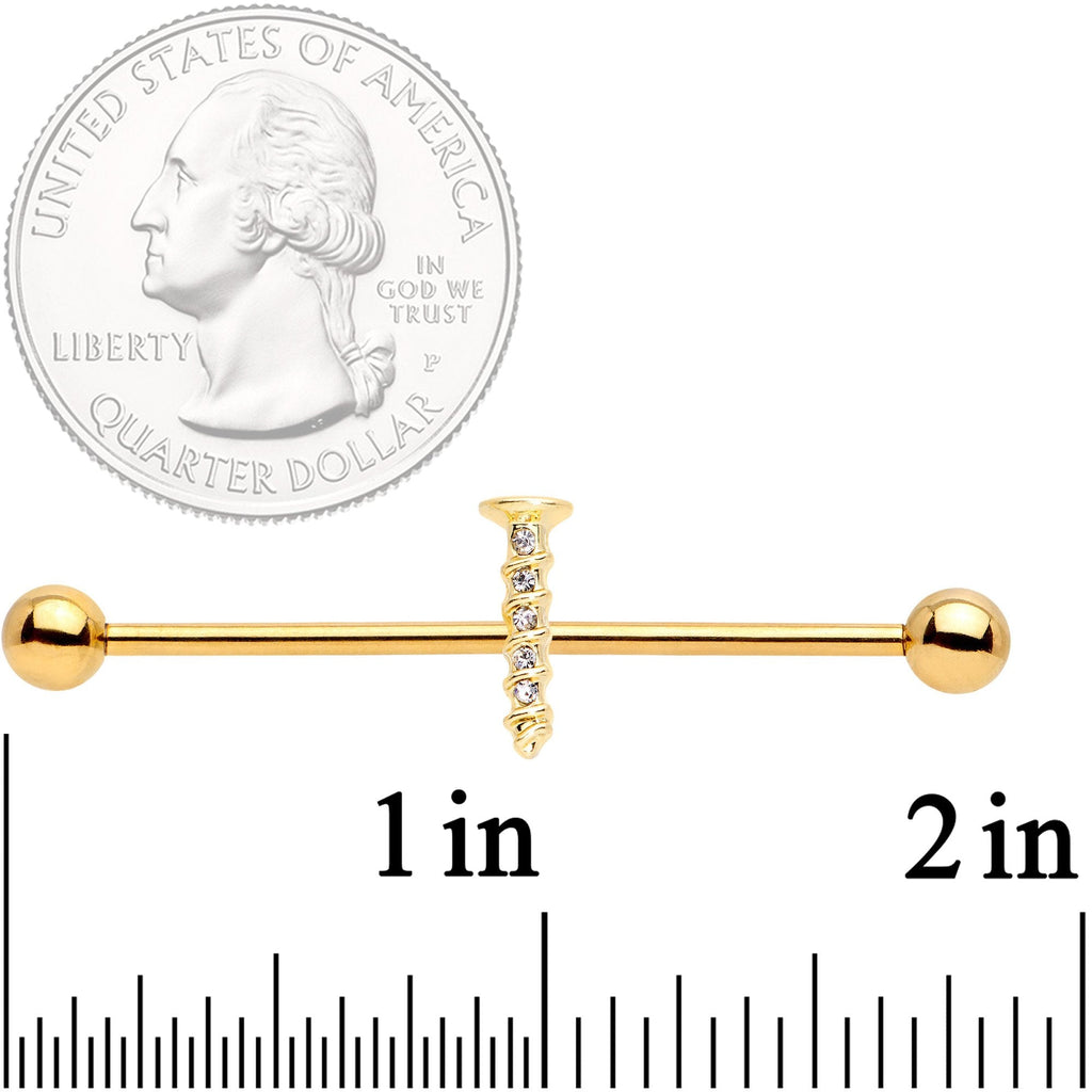 BodyCandy 14G Clear Gem Gold Tone Screw Industrial Barbell 38mm — detail and construction