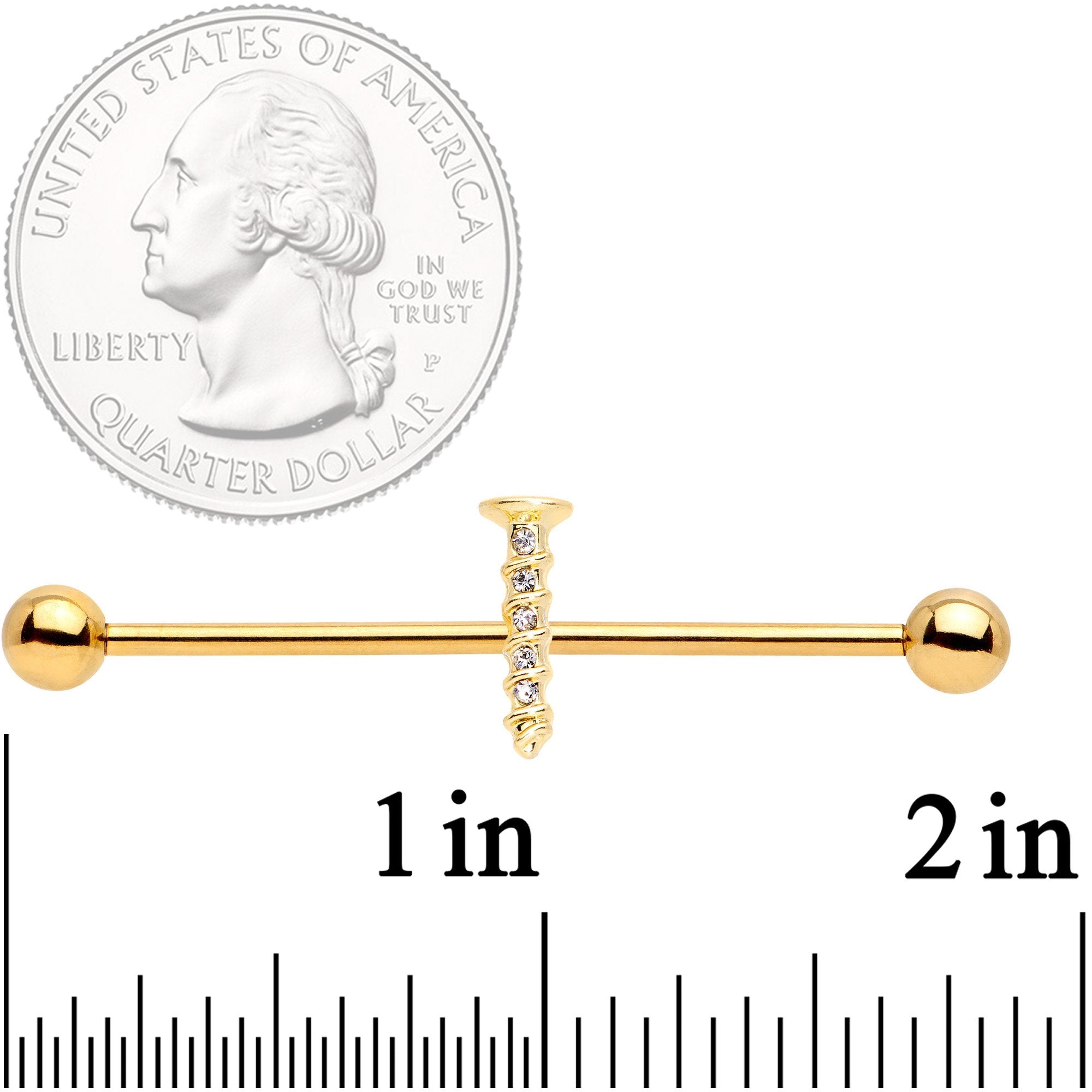 BodyCandy 14G Clear Gem Gold Tone Screw Industrial Barbell 38mm — detail and construction