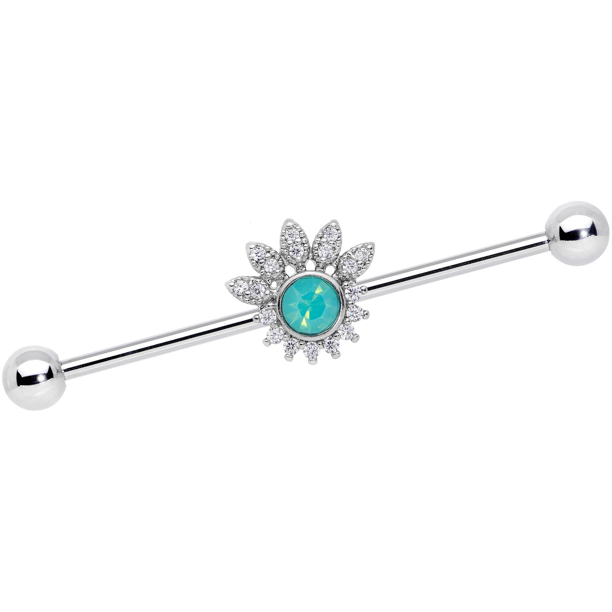 BodyCandy 14G Clear CZ Gem Green Faux Opal Diadem Industrial Barbell 38mm — main product shot