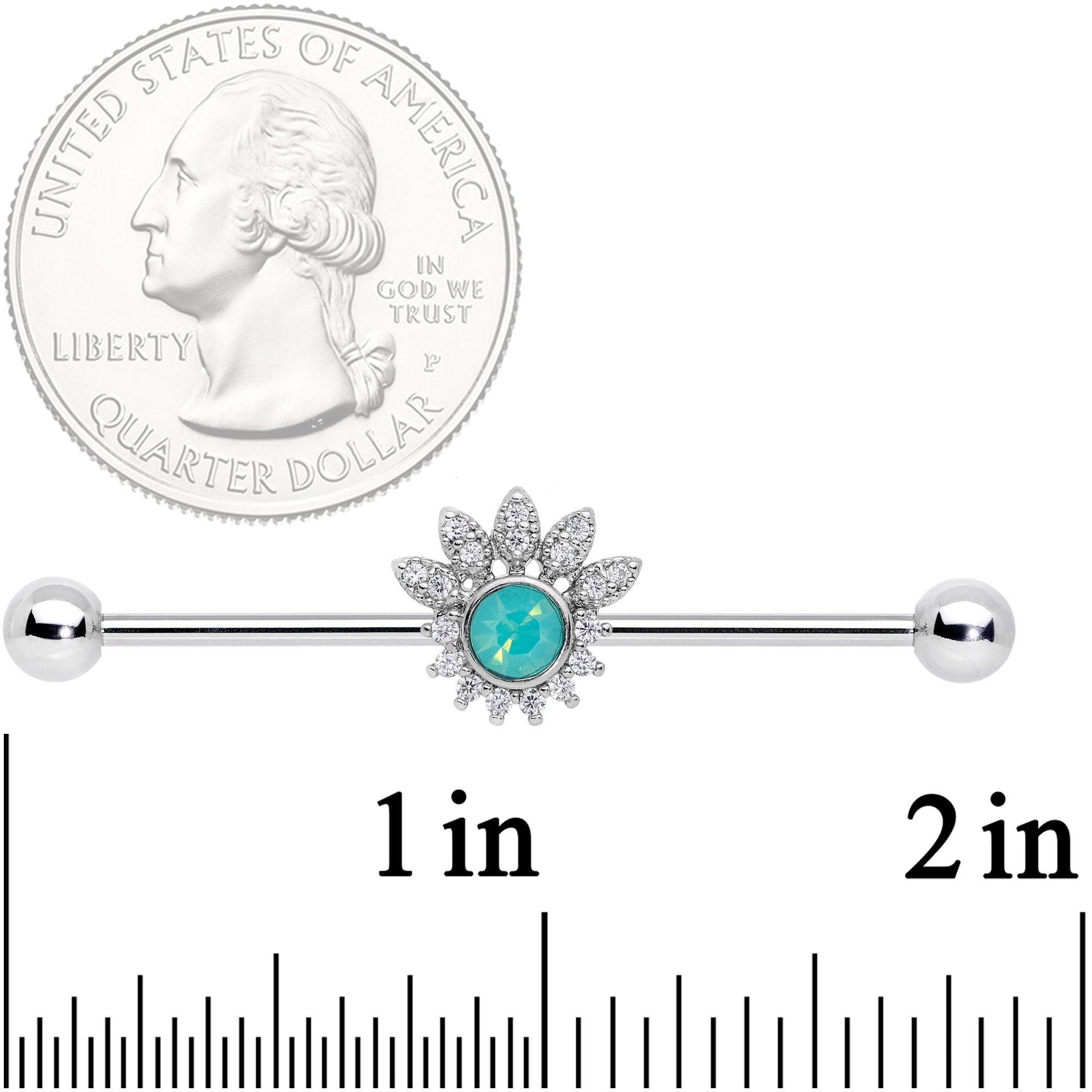 BodyCandy 14G Clear CZ Gem Green Faux Opal Diadem Industrial Barbell 38mm — detail and construction