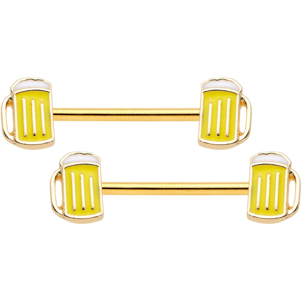 BodyCandy 5/8 Gold Tone St Patricks Day Frosty Beer Mug Barbell Nipple Ring Set — main product shot