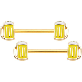 5/8 Gold Tone St Patricks Day Frosty Beer Mug Barbell Nipple Ring Set
