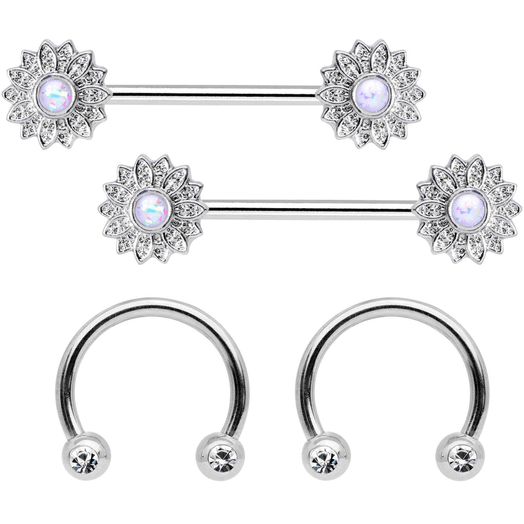 BodyCandy 14G 9/16 1/2 White Faux Opal Horseshoe Barbell Nipple Ring Set — main product shot