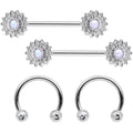 BodyCandy 14G 9/16 1/2 White Faux Opal Horseshoe Barbell Nipple Ring Set — main product shot