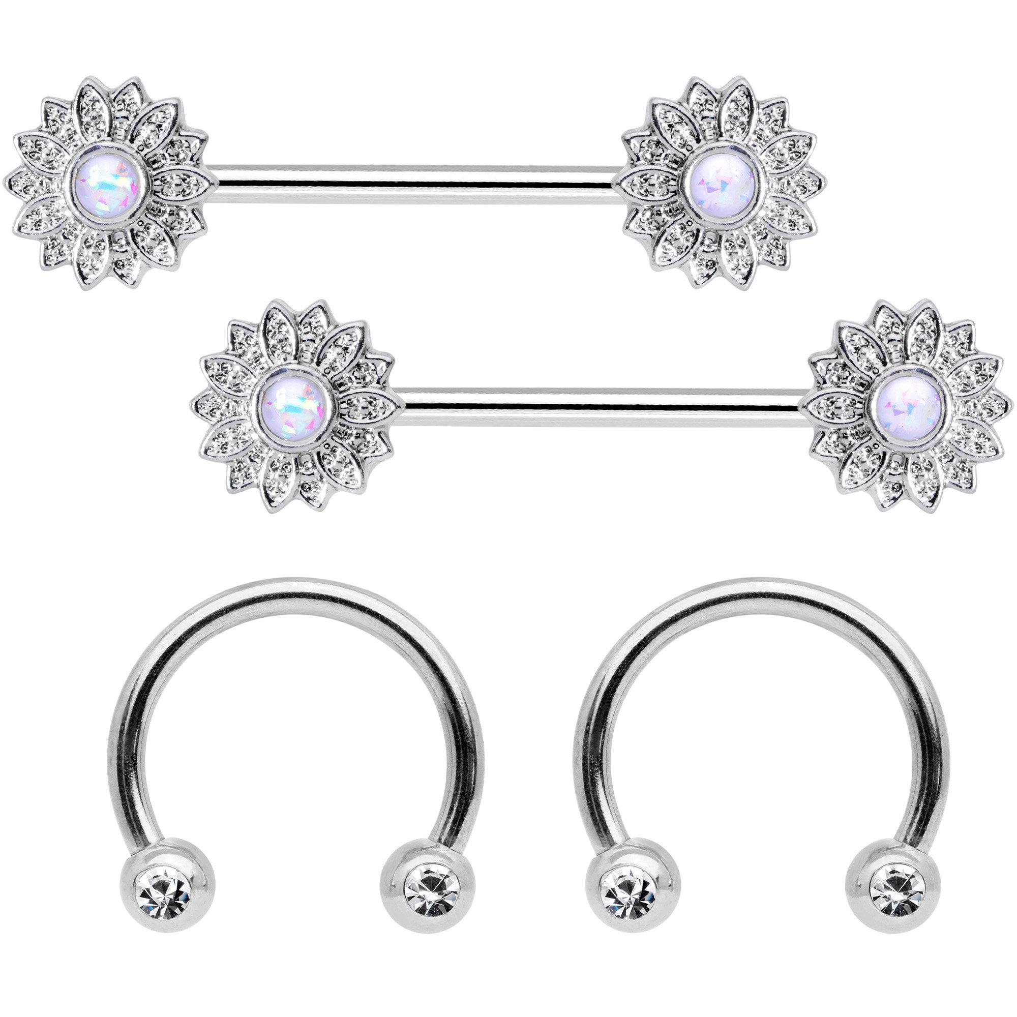 BodyCandy 14G 9/16 1/2 White Faux Opal Horseshoe Barbell Nipple Ring Set — main product shot