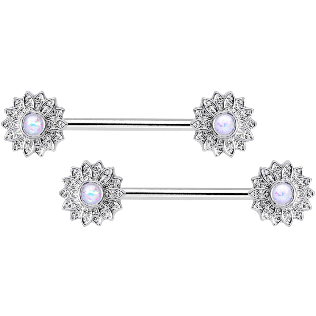BodyCandy 14G 9/16 1/2 White Faux Opal Horseshoe Barbell Nipple Ring Set — detail and construction
