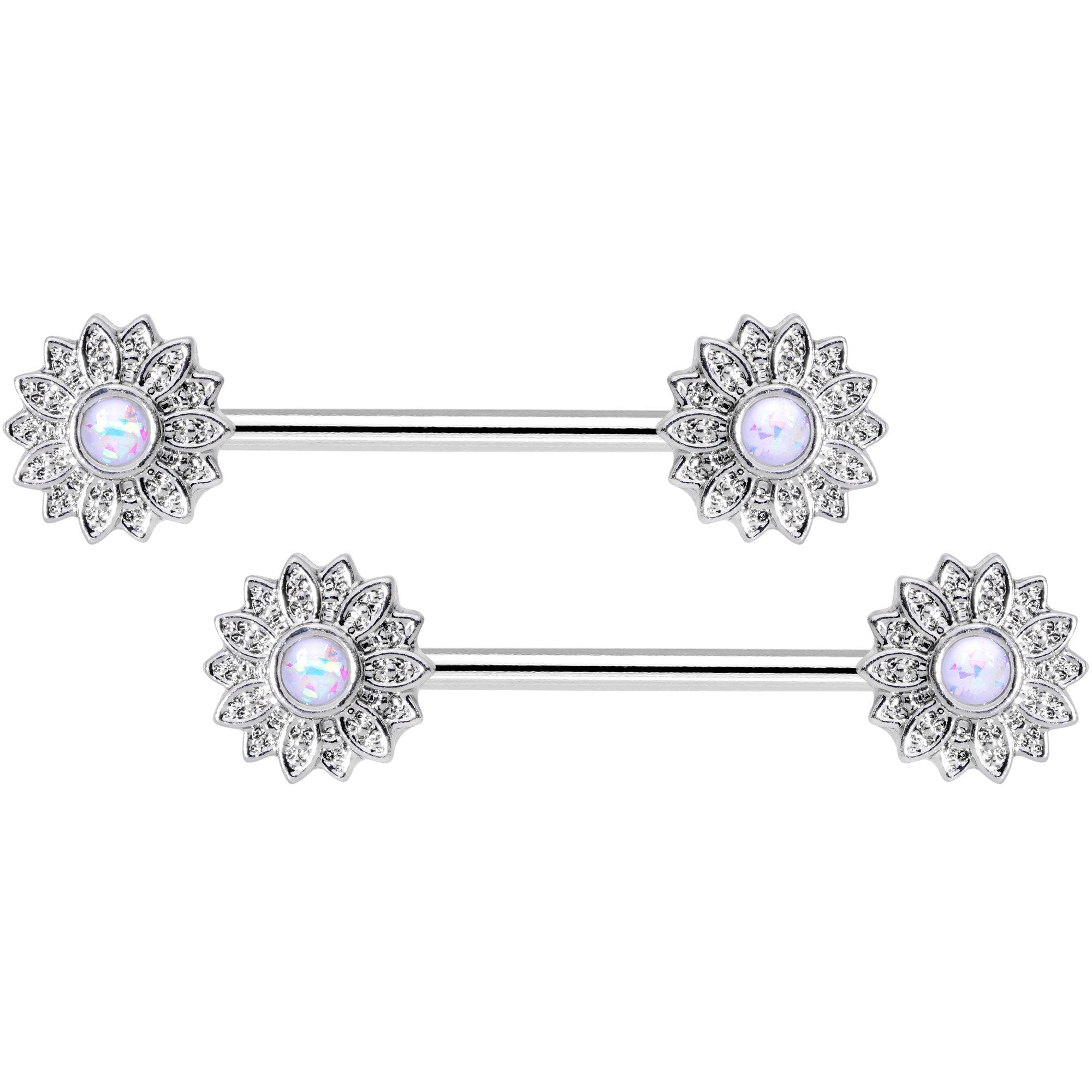 BodyCandy 14G 9/16 1/2 White Faux Opal Horseshoe Barbell Nipple Ring Set — detail and construction