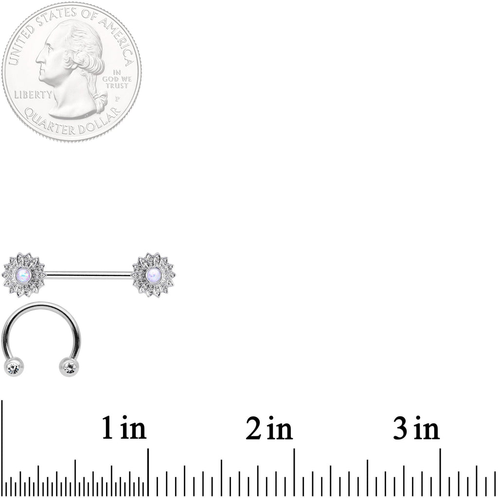 BodyCandy 14G 9/16 1/2 White Faux Opal Horseshoe Barbell Nipple Ring Set — branding close-up