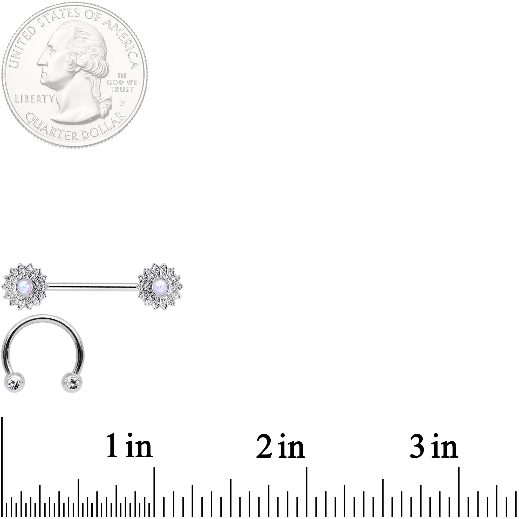BodyCandy 14G 9/16 1/2 White Faux Opal Horseshoe Barbell Nipple Ring Set — branding close-up