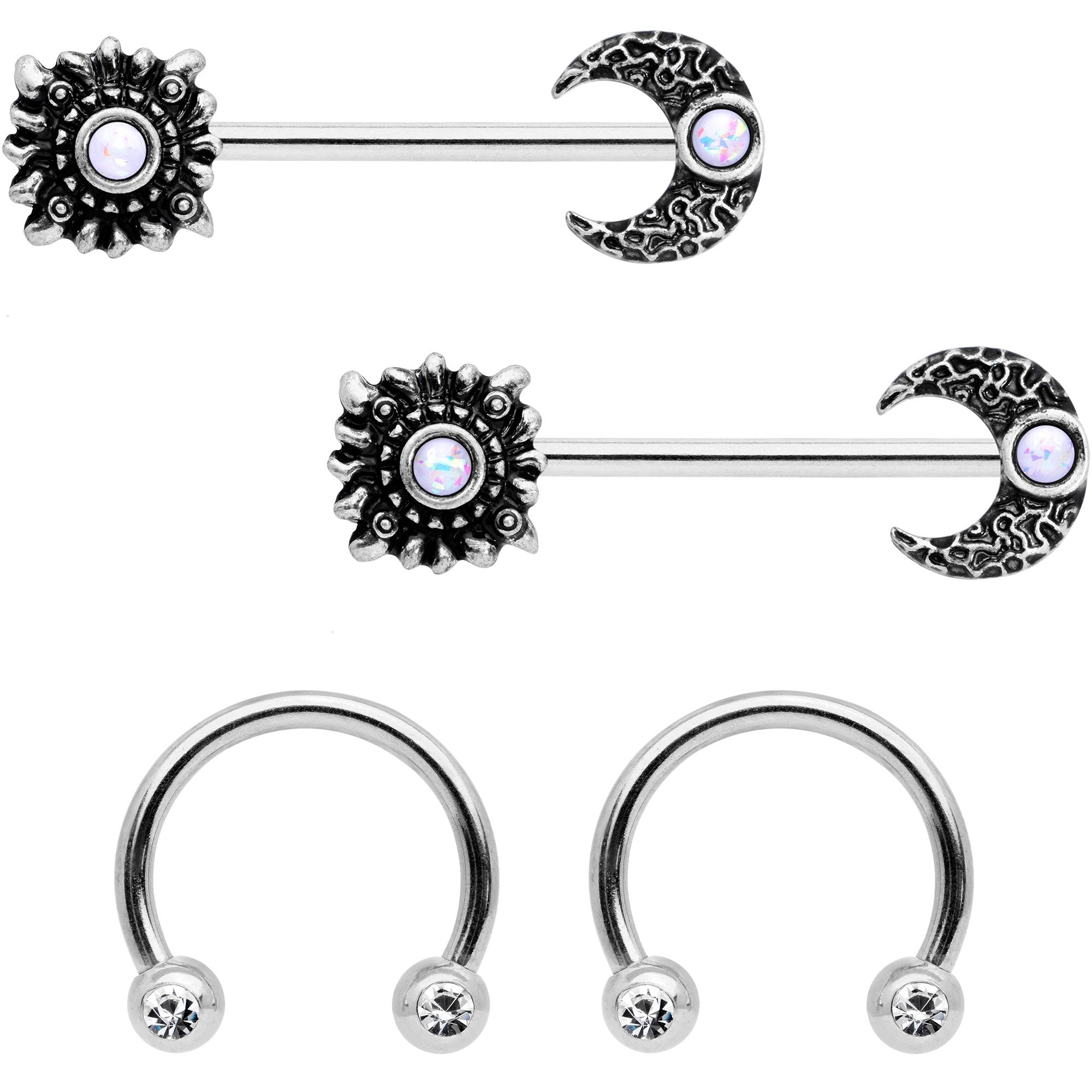 BodyCandy 14G 9/16 Clear Gem Sun Moon Horseshoe Barbell Nipple Ring Set — main product shot