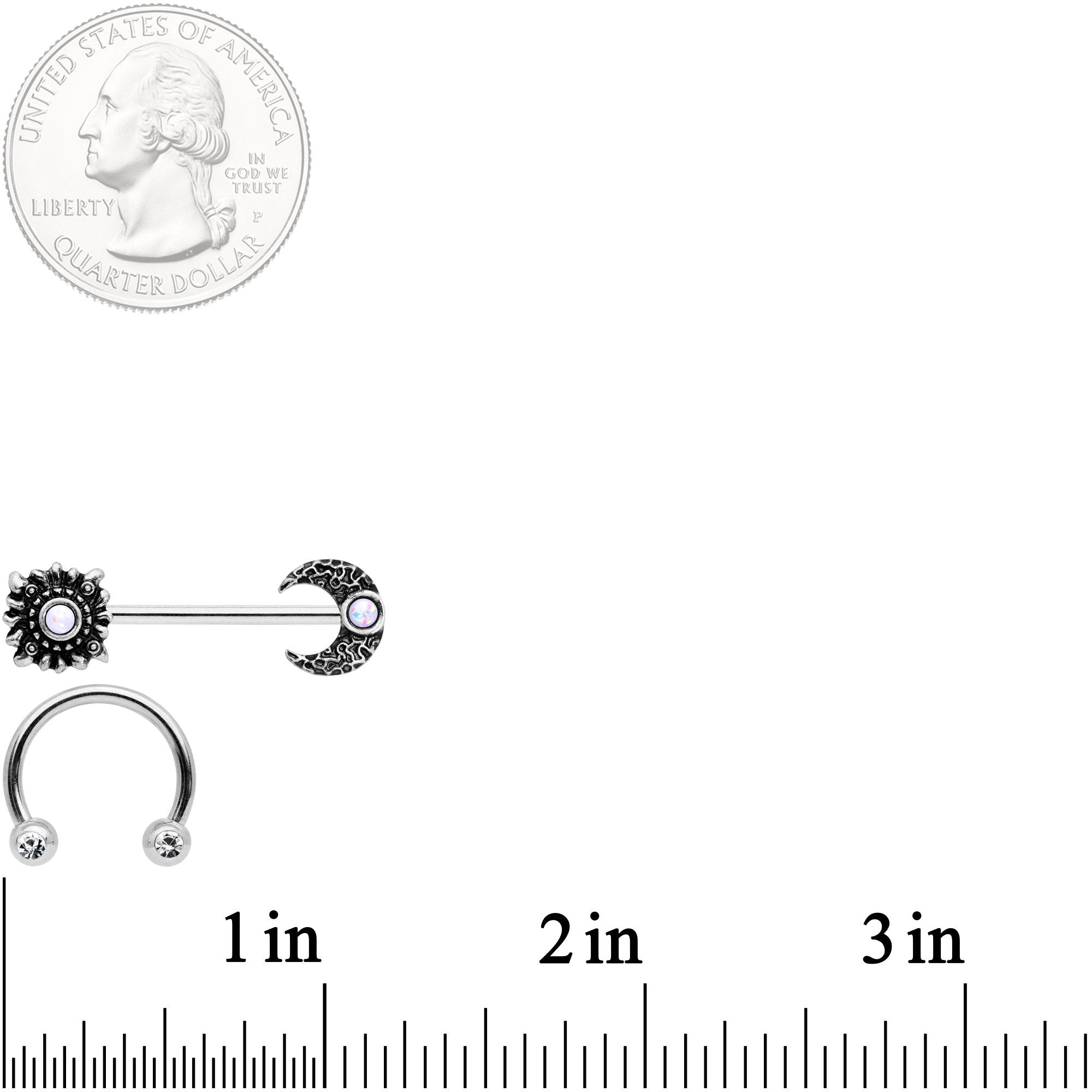 BodyCandy 14G 9/16 Clear Gem Sun Moon Horseshoe Barbell Nipple Ring Set — branding close-up