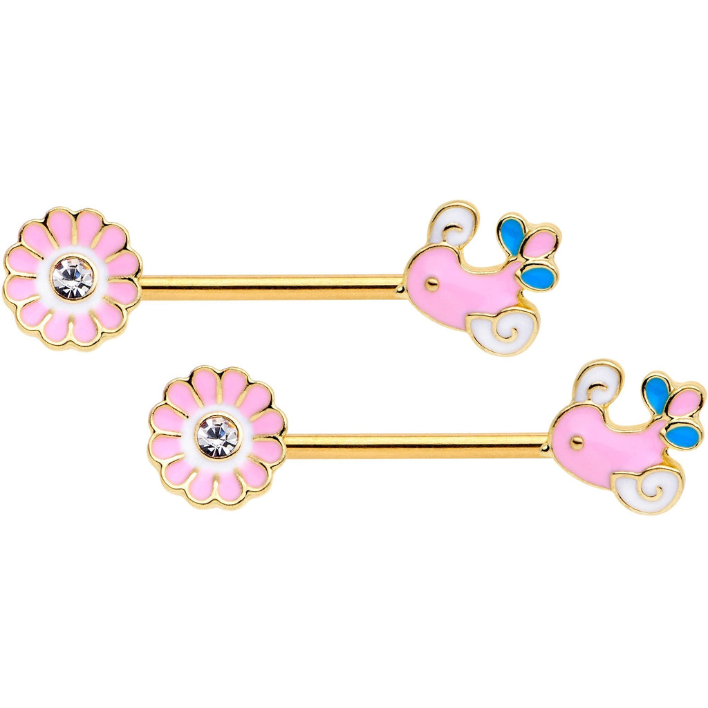 BodyCandy 14G 9/16 Gold Tone Pink Bird Flower Barbell Nipple Ring Set — main product shot