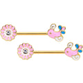 BodyCandy 14G 9/16 Gold Tone Pink Bird Flower Barbell Nipple Ring Set — main product shot