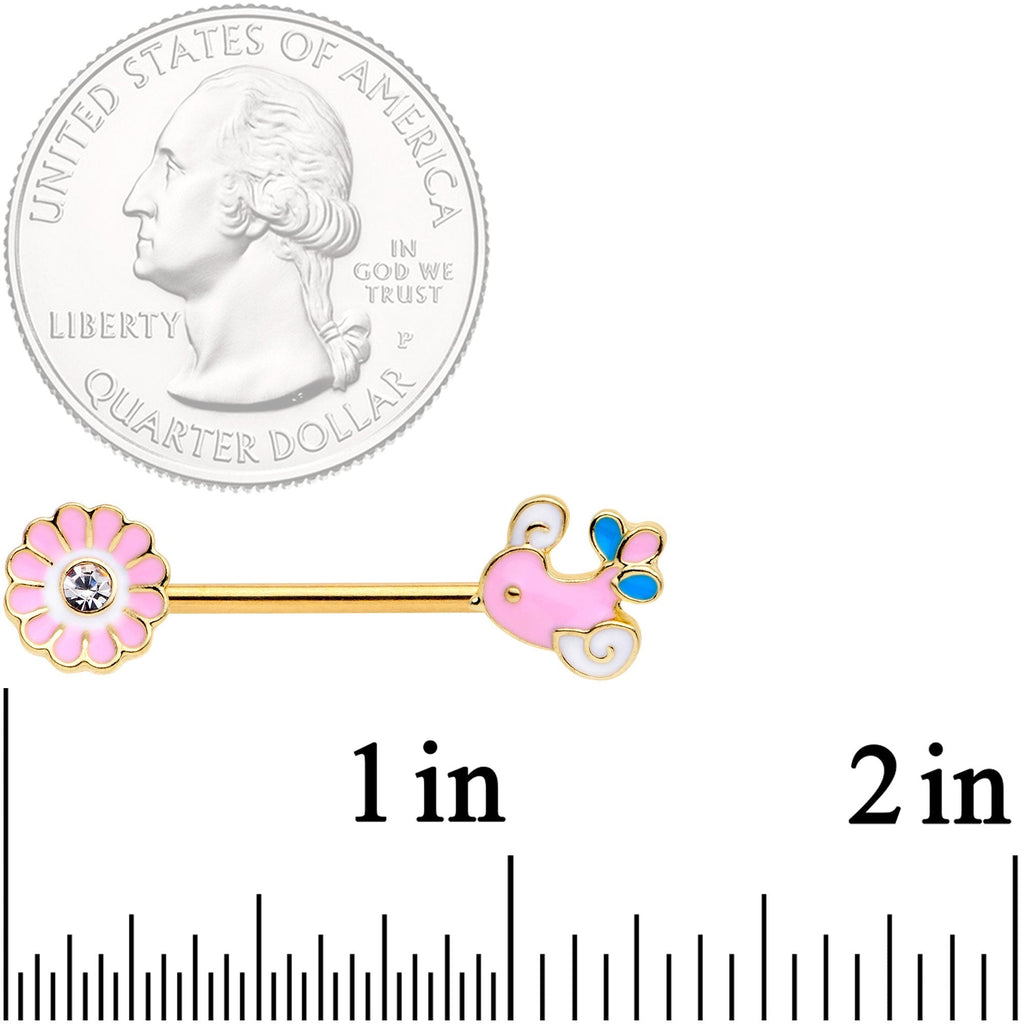 BodyCandy 14G 9/16 Gold Tone Pink Bird Flower Barbell Nipple Ring Set — detail and construction