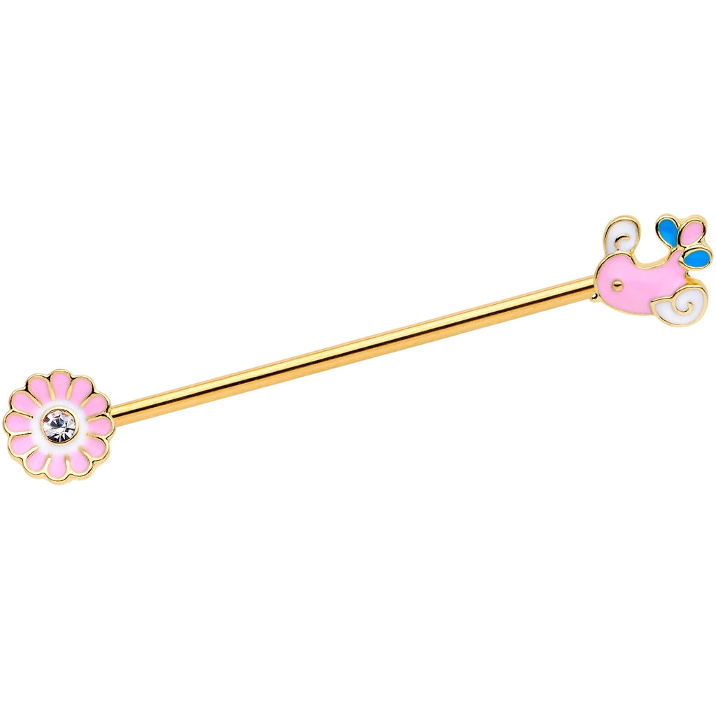 BodyCandy 14G Clear Gem Gold Tone Pink Bird Flower Industrial Barbell 38mm — main product shot