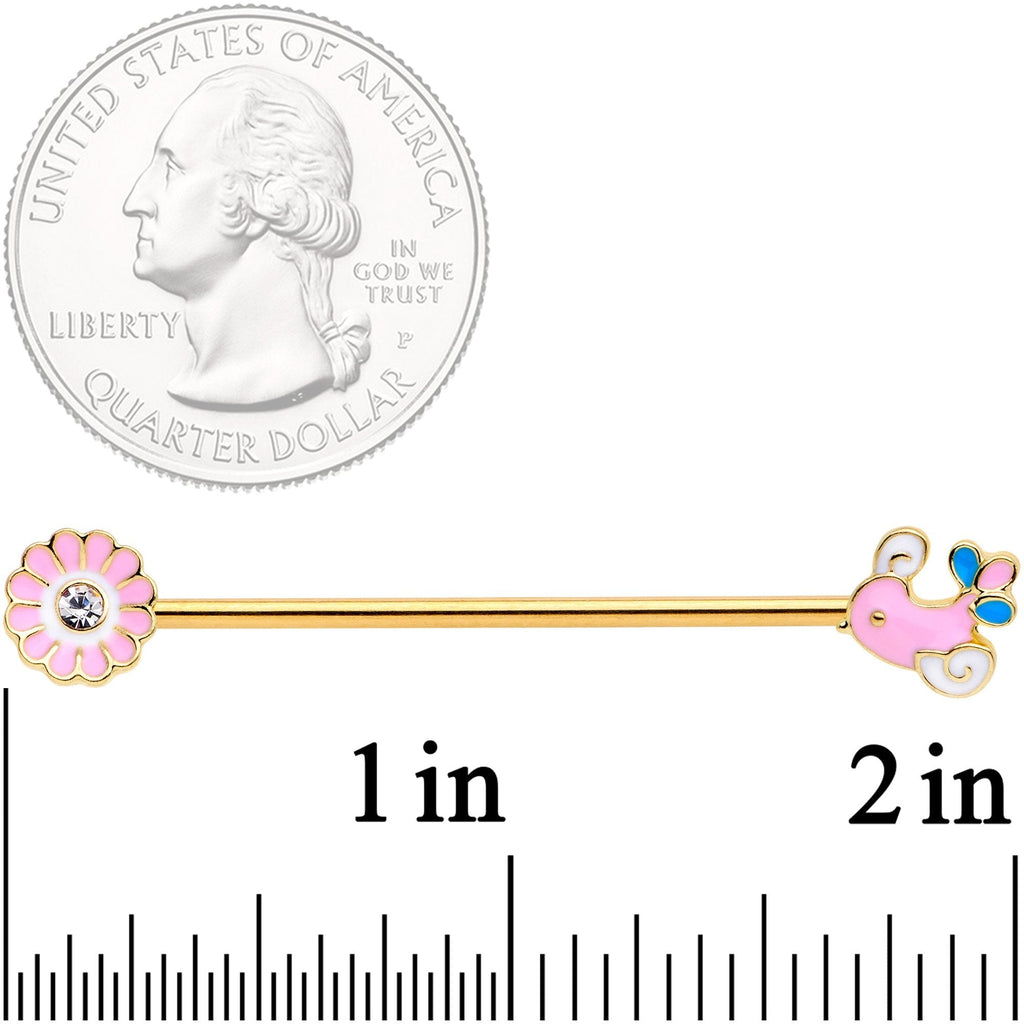 BodyCandy 14G Clear Gem Gold Tone Pink Bird Flower Industrial Barbell 38mm — detail and construction