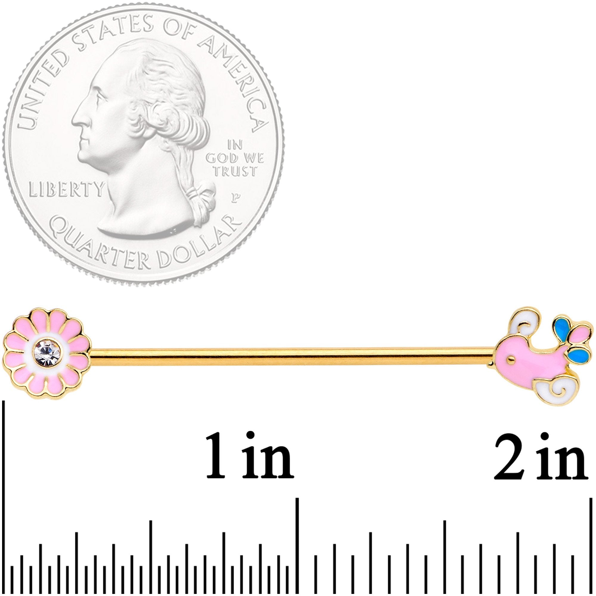 BodyCandy 14G Clear Gem Gold Tone Pink Bird Flower Industrial Barbell 38mm — detail and construction