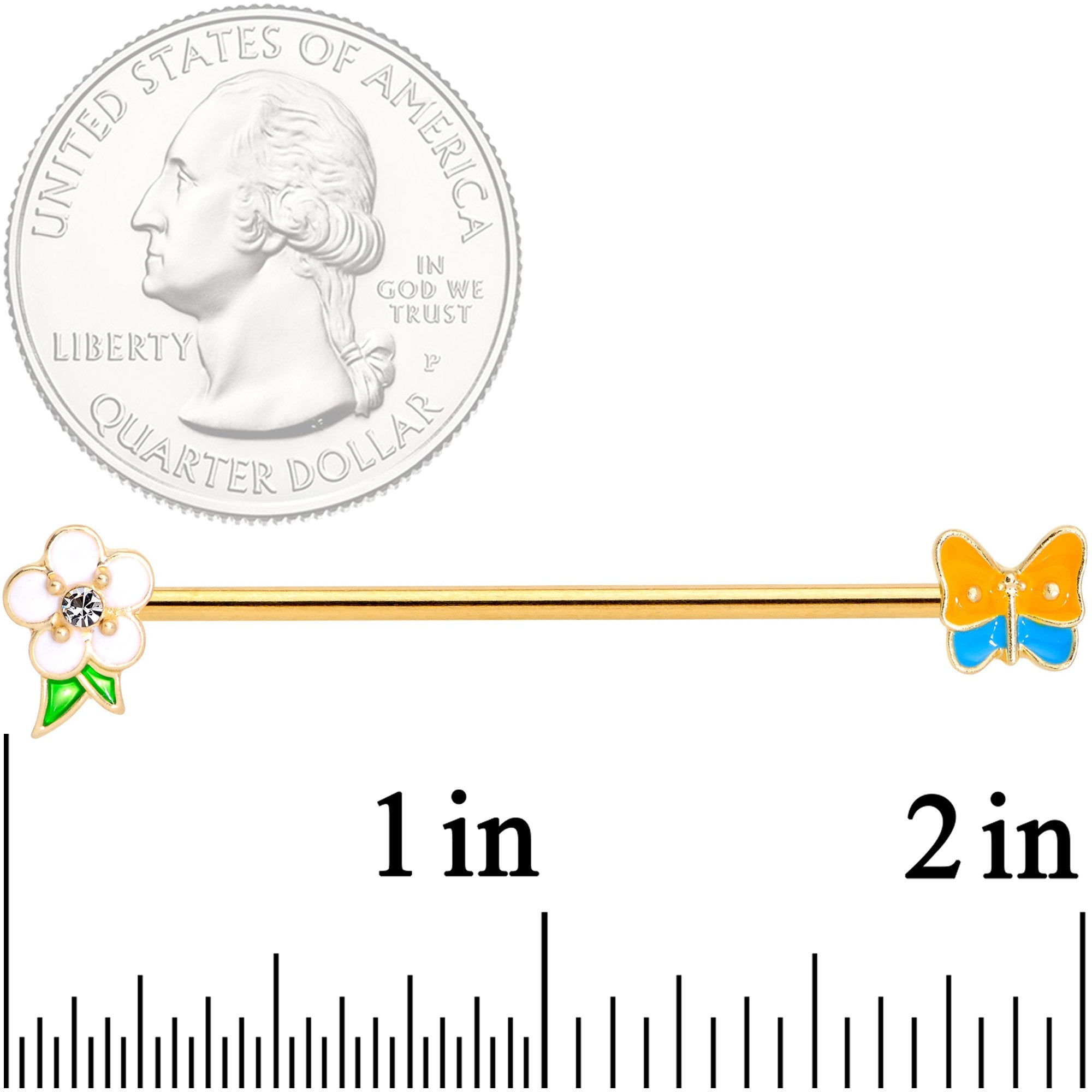 BodyCandy 14G Multicolor Gold Tone Butterfly Flower Industrial Barbell 38mm — detail and construction