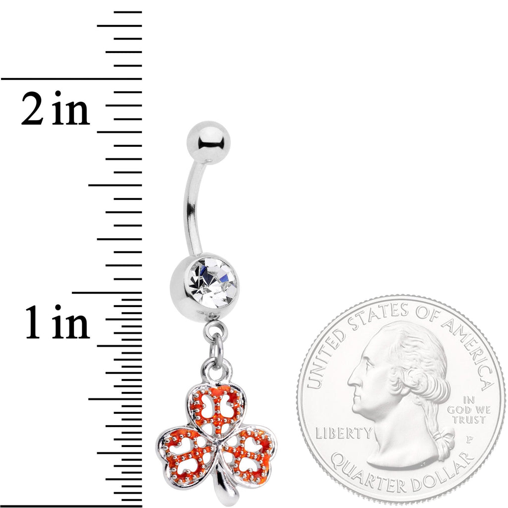 BodyCandy Clear Gem Red St Patricks Day Shamrock Dangle Belly Ring — detail and construction