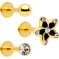 BodyCandy 16G 5/16 Clear Gem Gold Tone Black Flower Labret Set of 3 — main product shot