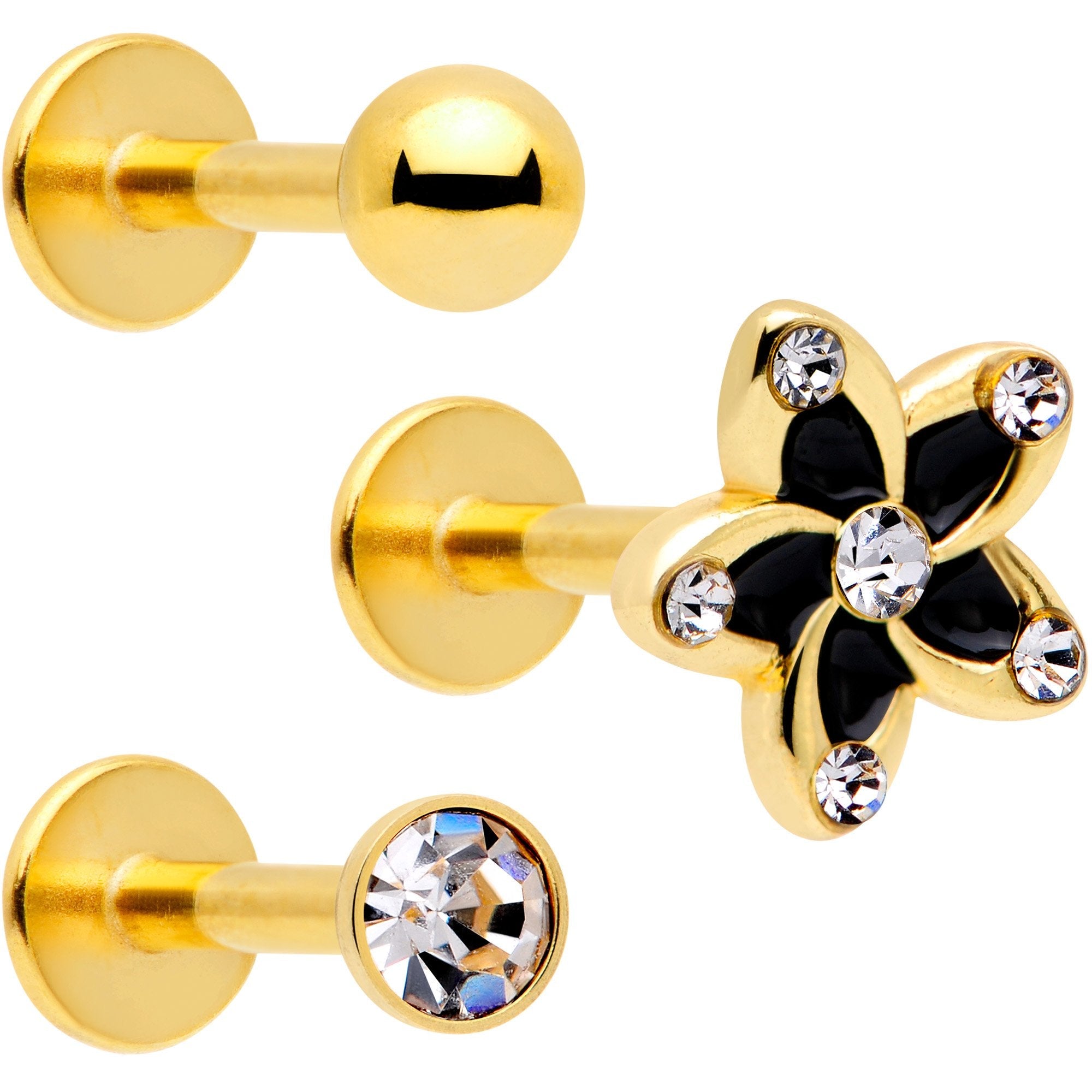 BodyCandy 16G 5/16 Clear Gem Gold Tone Black Flower Labret Set of 3 — main product shot